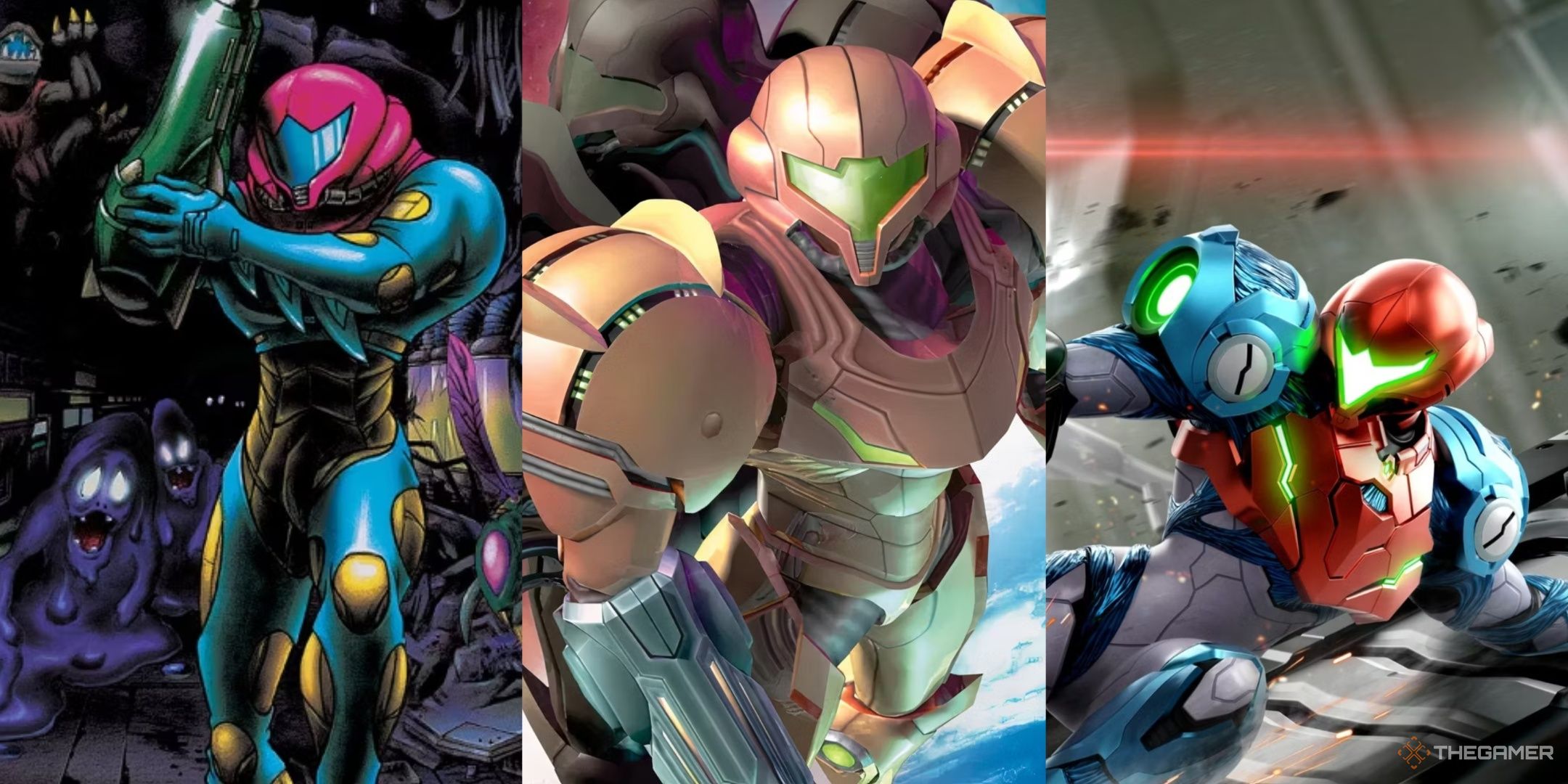 Key art to Metroid Fusion and Dread, and box art to Metroid Prime 3