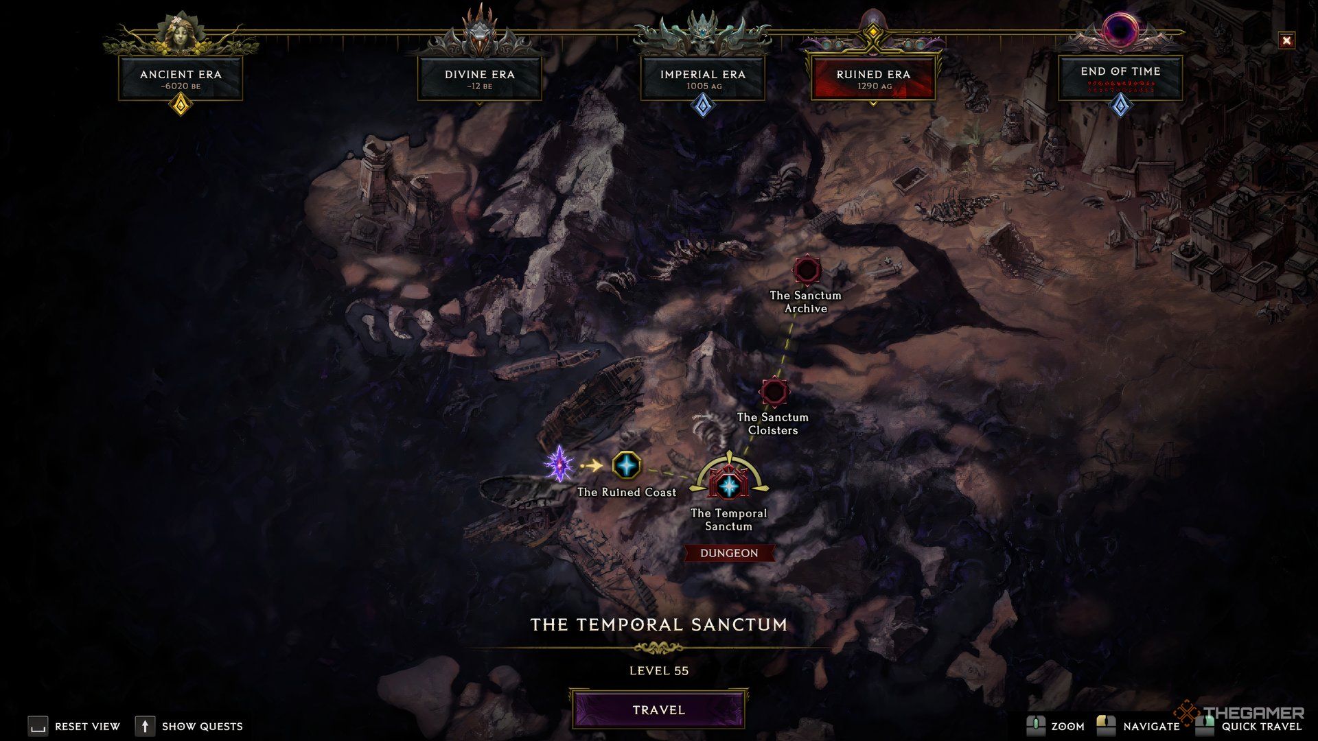 The entrance of Temporal Sanctum dungeon marked on the map in the Ruined Era.