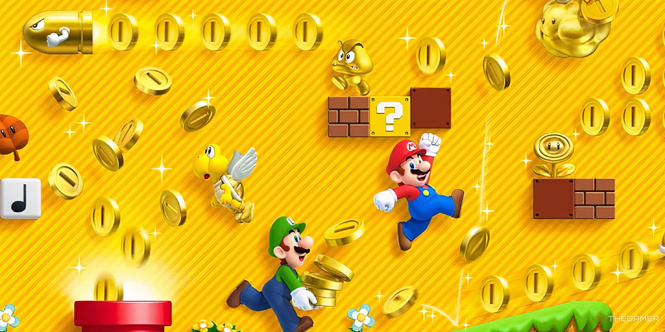 Mario and Luigi gathering coins against a gold background in New Super Mario Bros 2