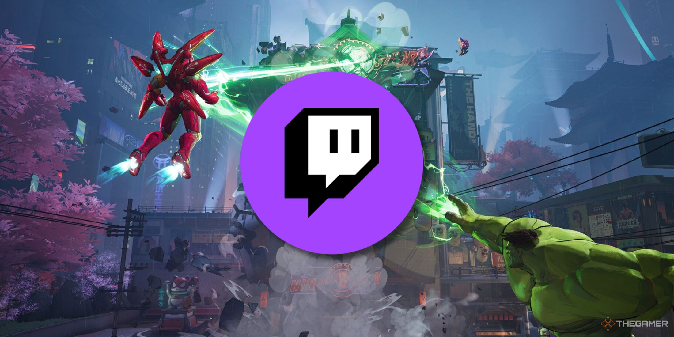 A photo of Marvel Rivals Key Art with the Twitch Logo placed in the middle. 