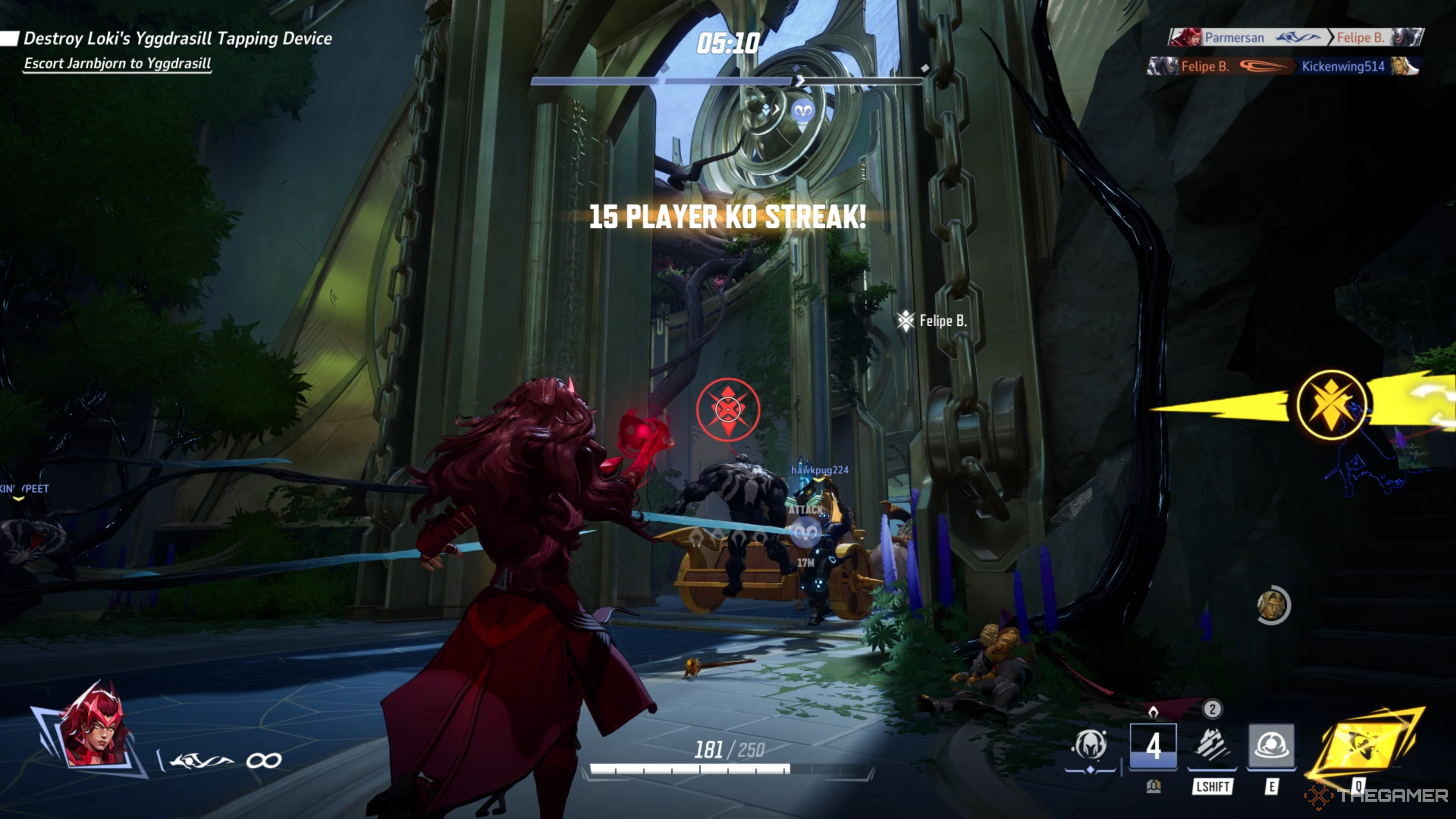 Marvel Rivals Scarlet Witch running towards some enemies as text displays '15 Player KO streak'.