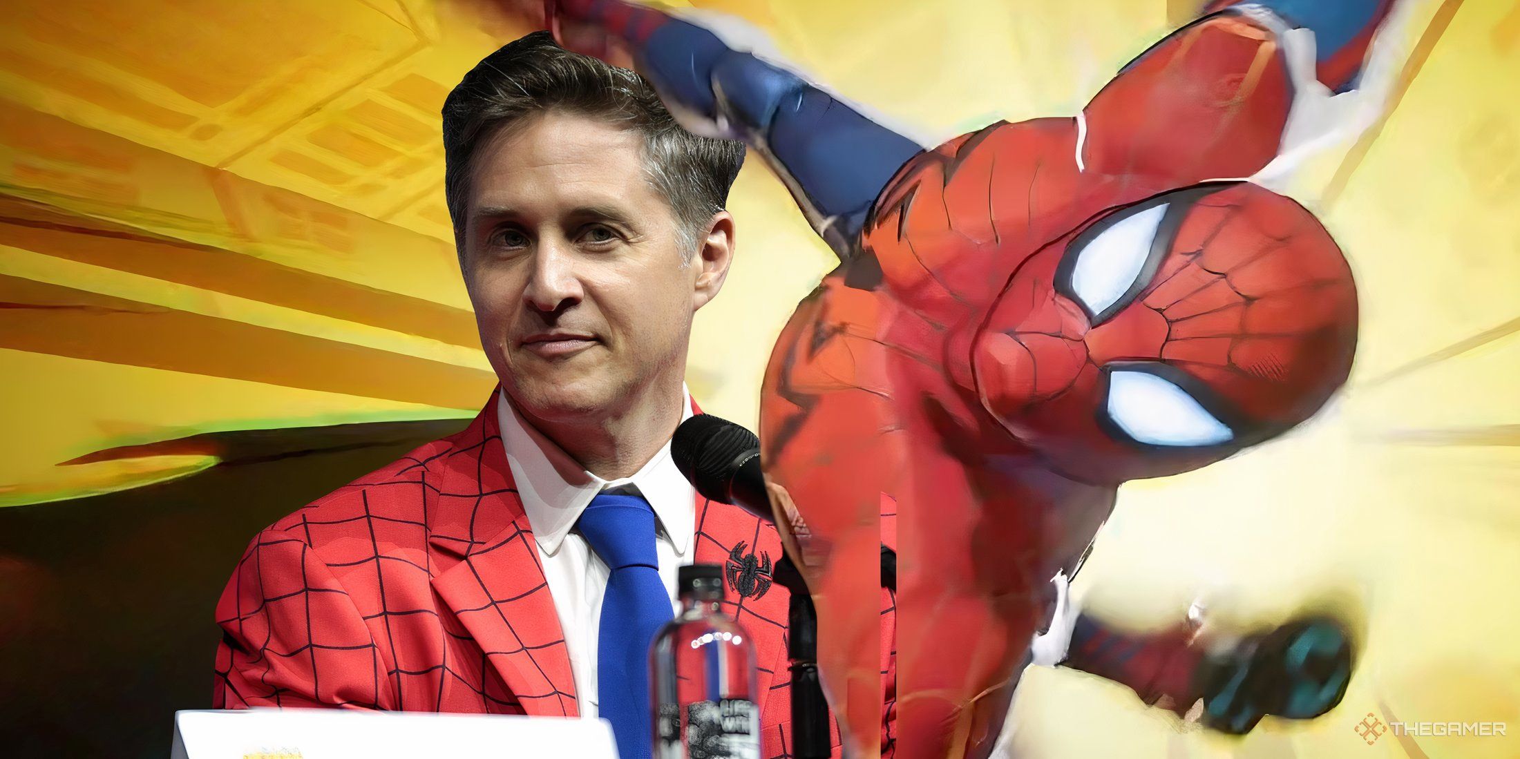 Yuri Lowenthal and Spiderman in a split image photo. 