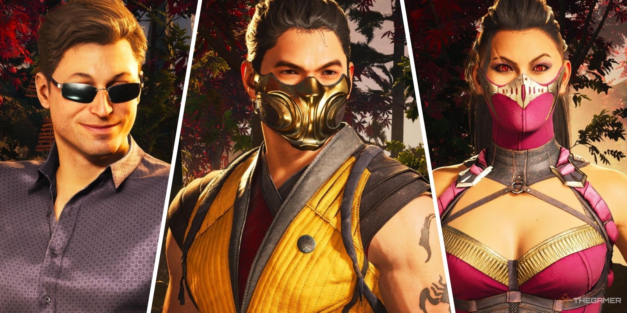 A collage showing close-ups of Johnny Cage, Scorpion, and Mileena.