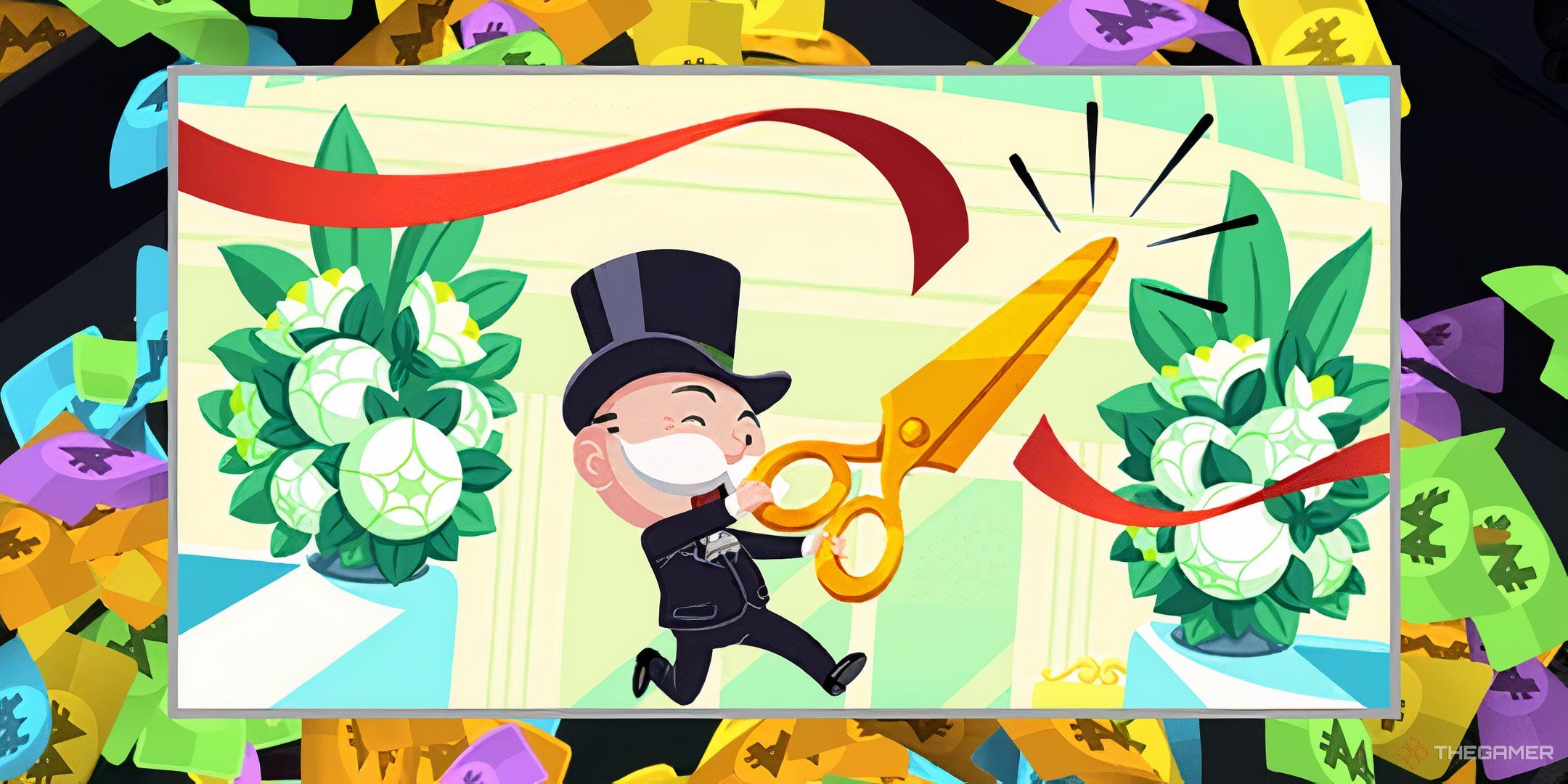 Mr. Monopoly cutting a ribbon for Landmark Rush on top of a background of Monopoly Go cash.-1