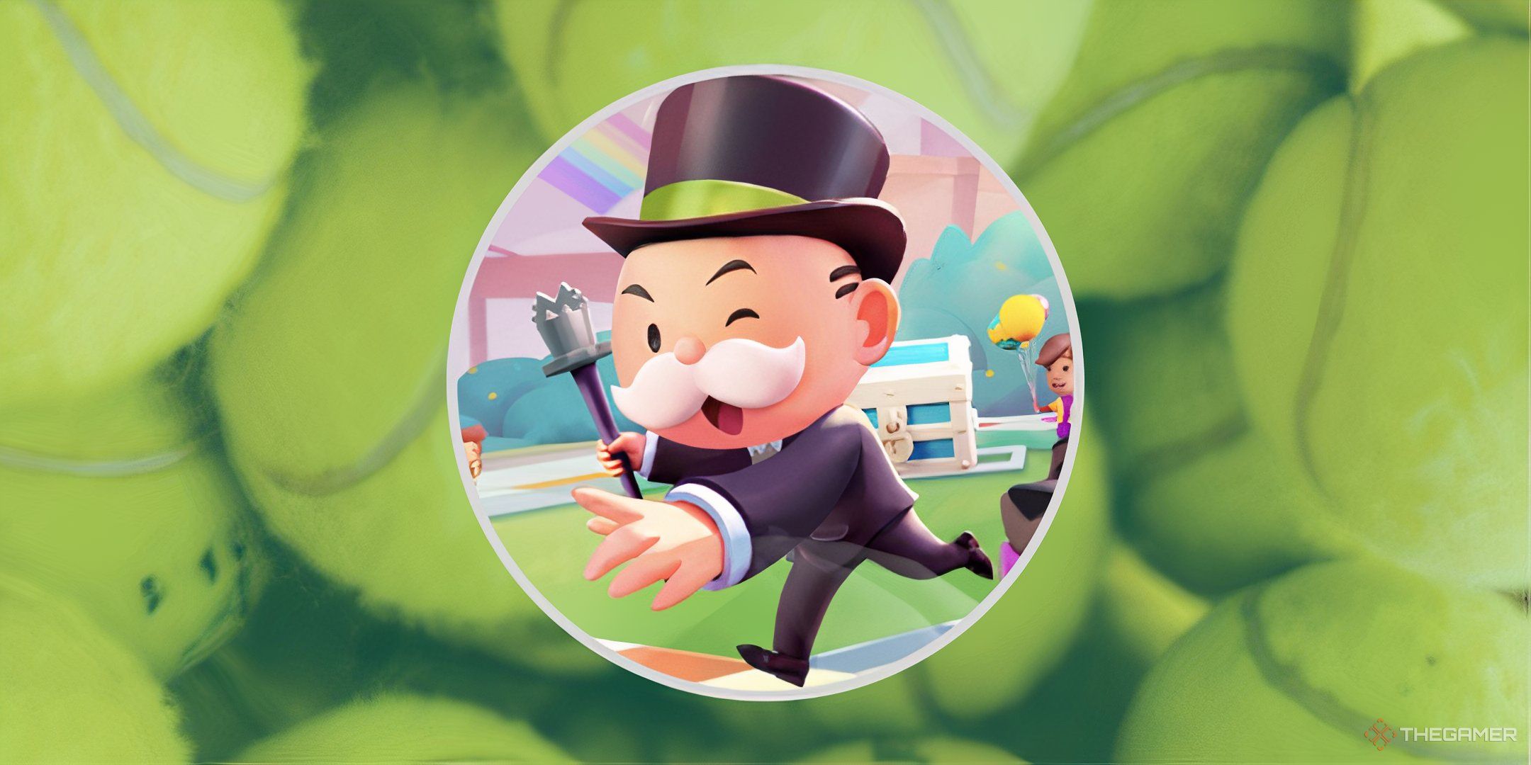 Mr. Monopoly in a circle frame atop a blurred image of tennis balls for the Sleek Slam Monopoly Go event.-1