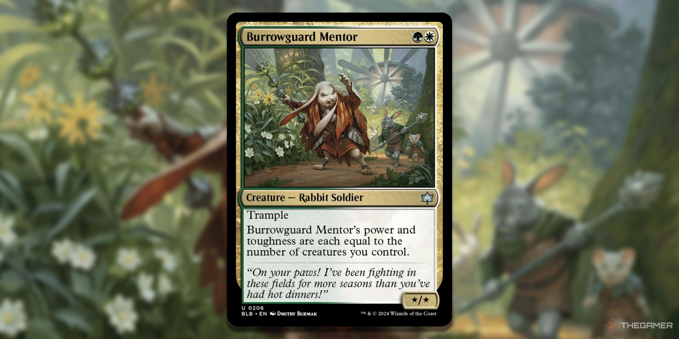 Burrowguard Mentor card with the card image in the background.