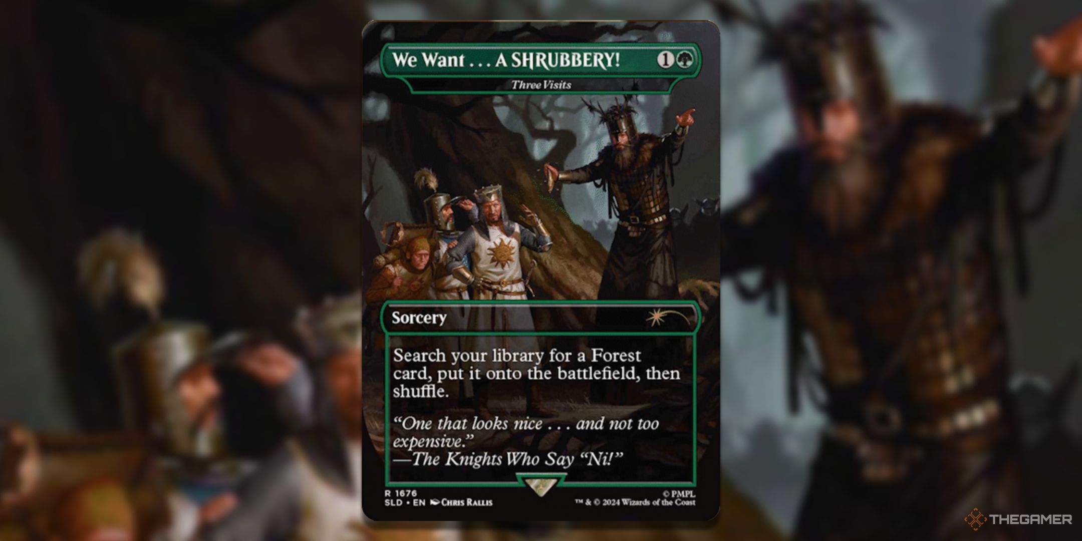 MTG We Want...A SHRUBBERY! card with the card art in the background.