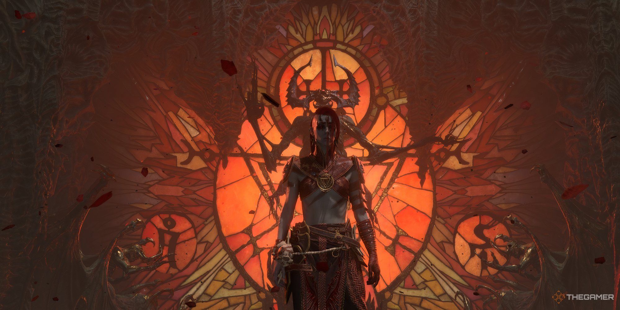 A Necromancer Minion Build in a cutscene in Diablo 4.