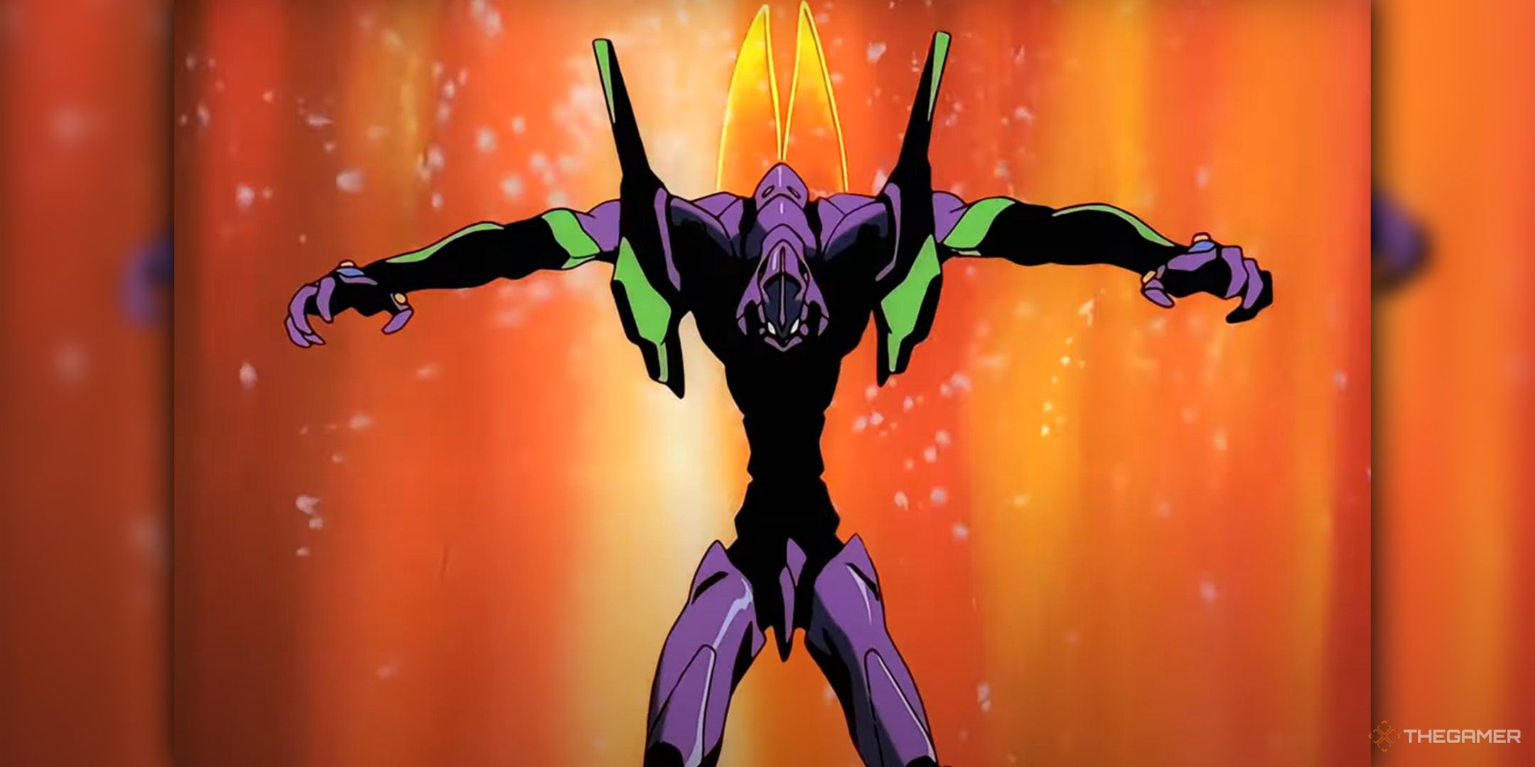 Purple Evangelion from Neon Genesis Evangelion in orange forcefield.