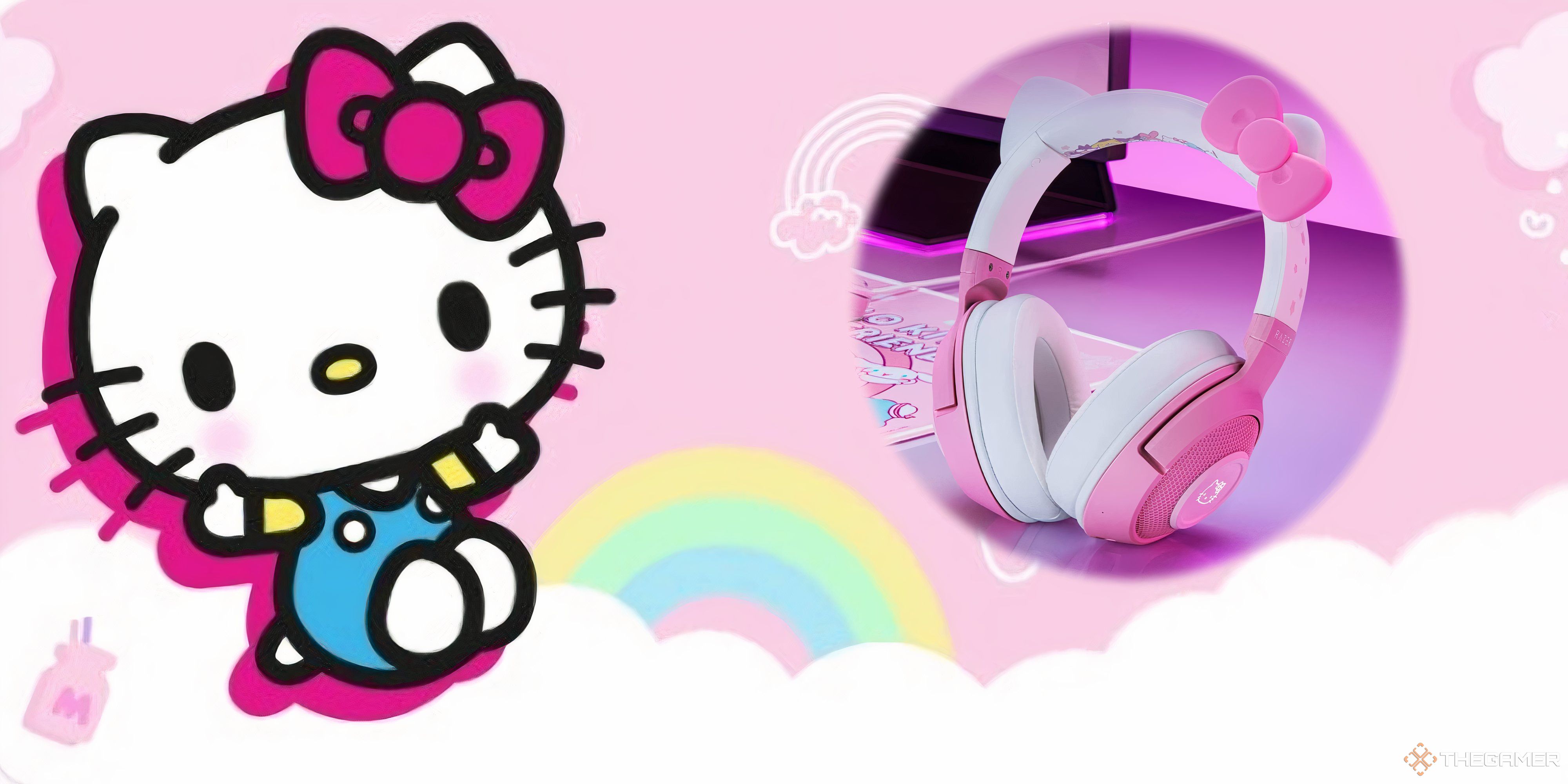 hello kitty sitting on a cloud next to some hello kitty headphones