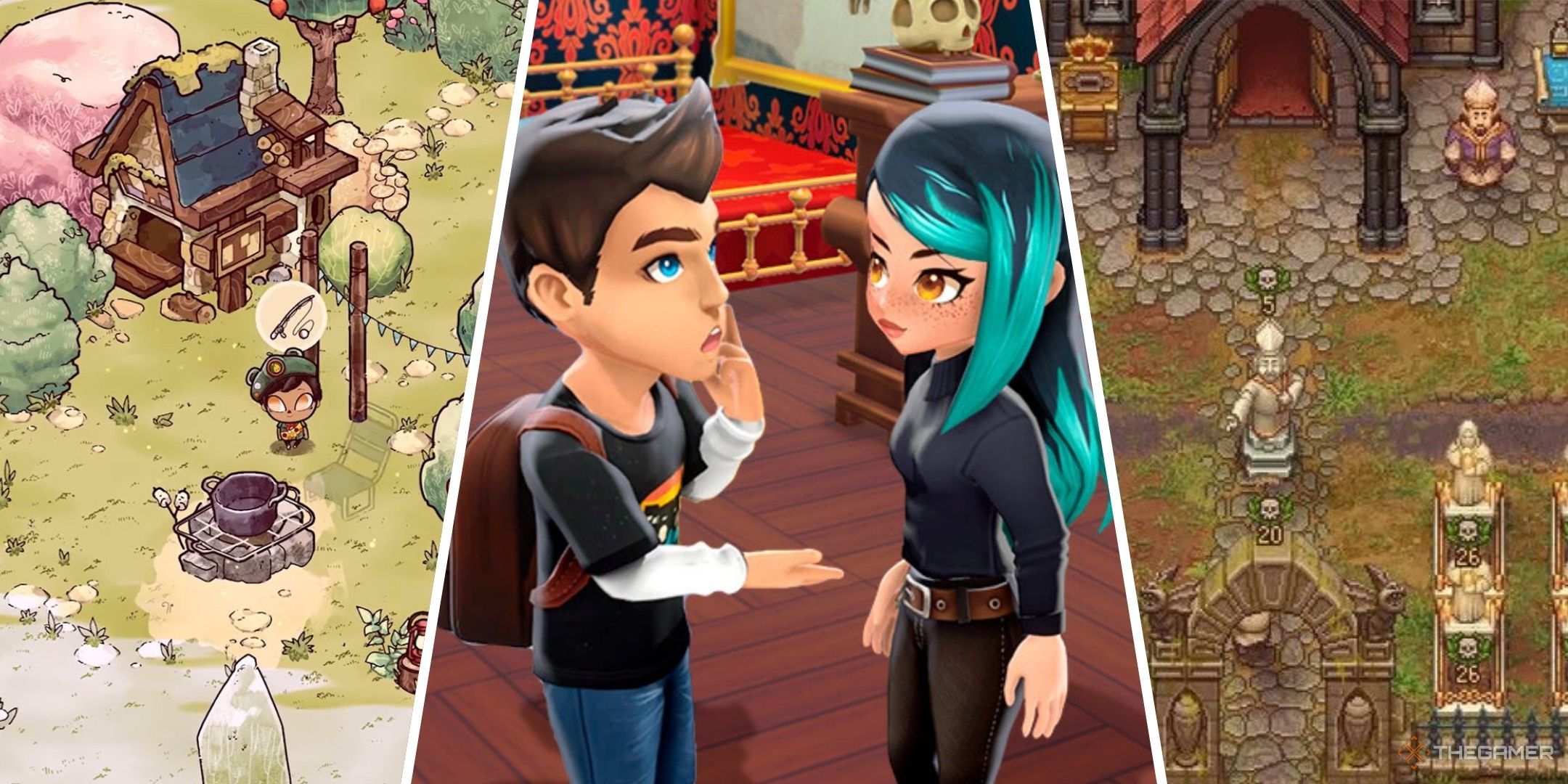 Non-Farming Life Simulation Games Featured Split Image Containing Cozy Grove, YouTubers Life 2, and Graveyard Keeper