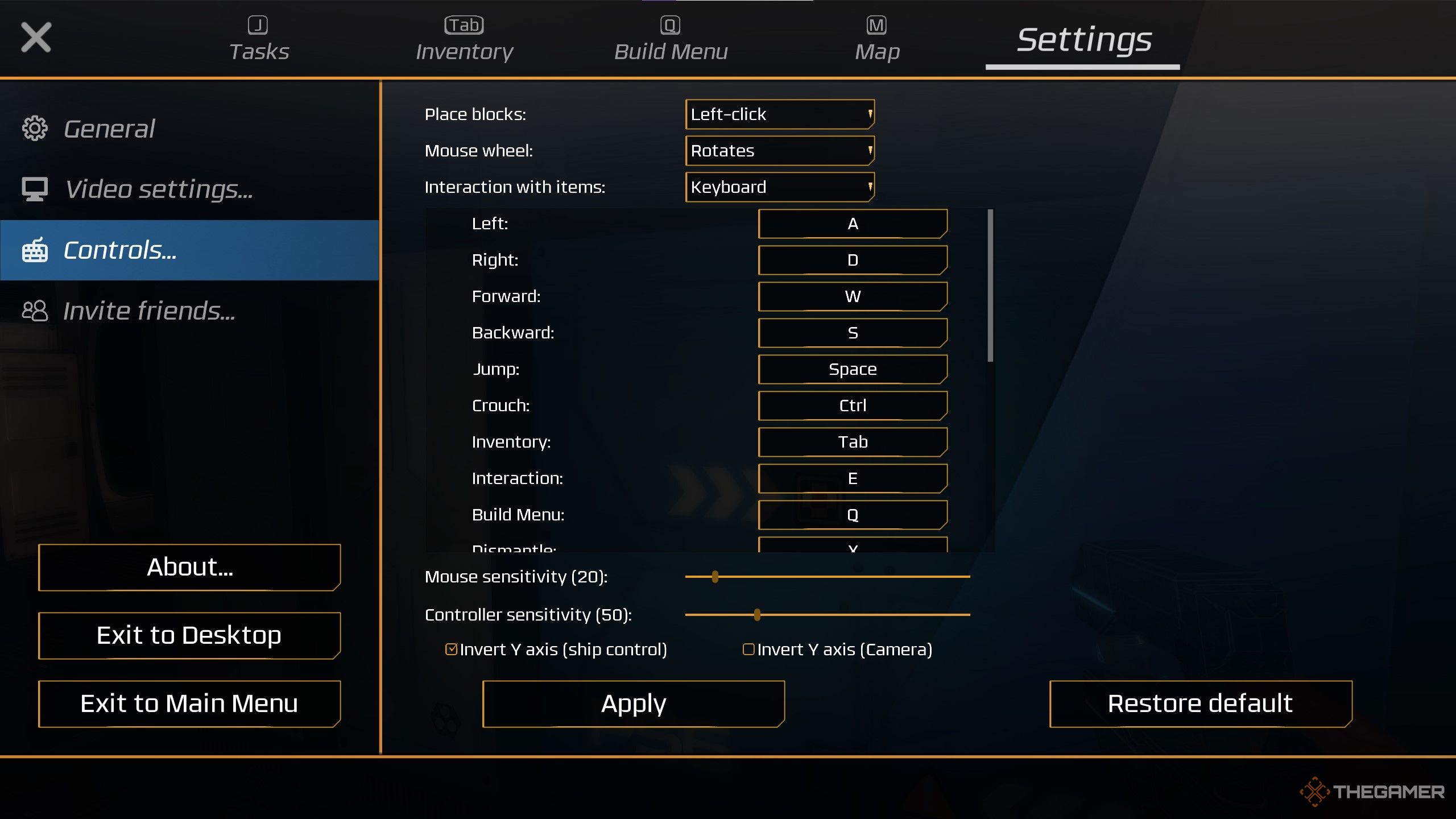 Ocean World Eden Crafters settings menu showing options to adjust mouse and controller speed, as well as an option to invert the y-axis. Adjusting these may help reduce motion sickness slightly.