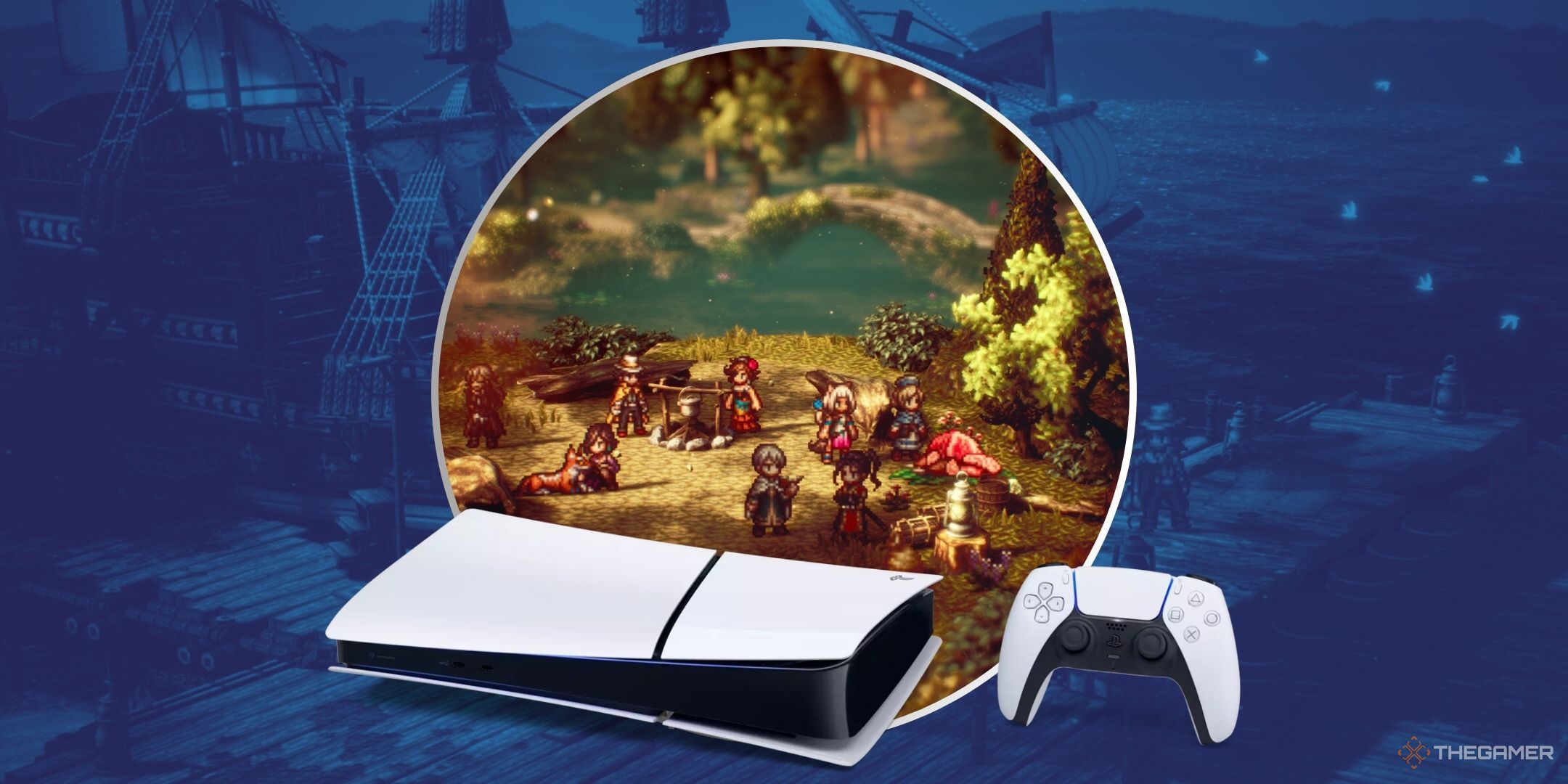 Octopath Traveler 2 Prime Day Deal Featured Image With blue background and a screenshot of Octopath Traveler 2 in the middle with the Ps5 under it