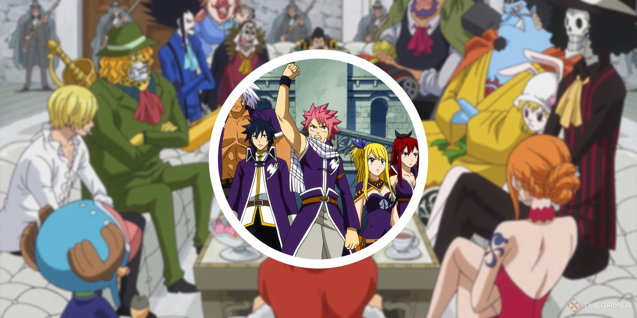 one piece whole Cake Island Art with circle PNG of Fiary Tail characters in Grand Magic Games Arc