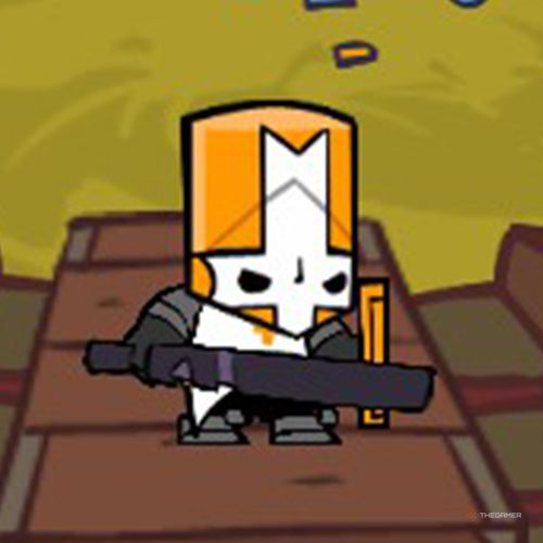 Orange Knight is standing on a table in Castle Crashers.