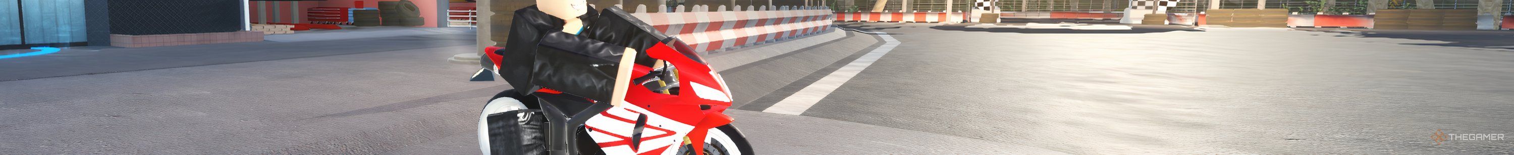 A Roblox character sits on a parked red motorcycle in a parking lot in Motorcycle Mayhem.