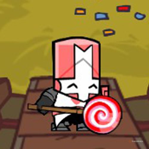 Pink Knight is standing on a table in Castle Crashers.
