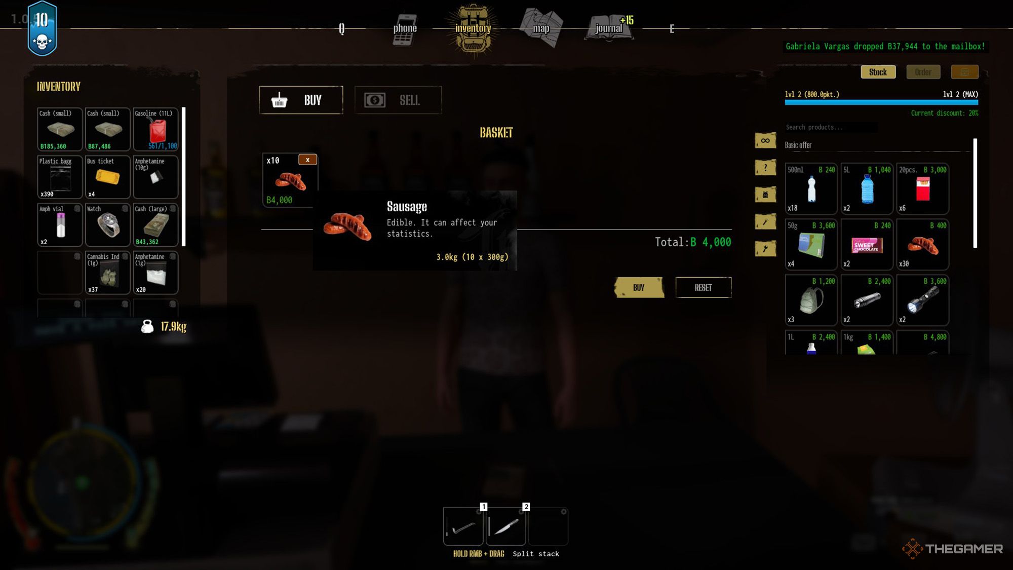 بازیکن در Drug Dealer Simulator 2 مقداری سوسیس از فروشگاه می خرد.