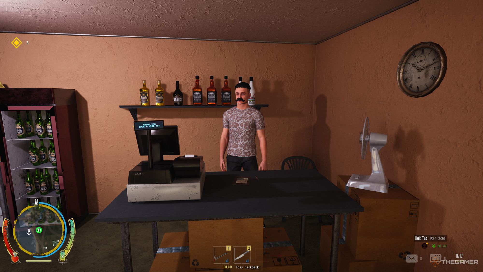 بازیکنی که در مقابل یک مغازه دار در Drug Dealer Simulator 2 ایستاده است.
