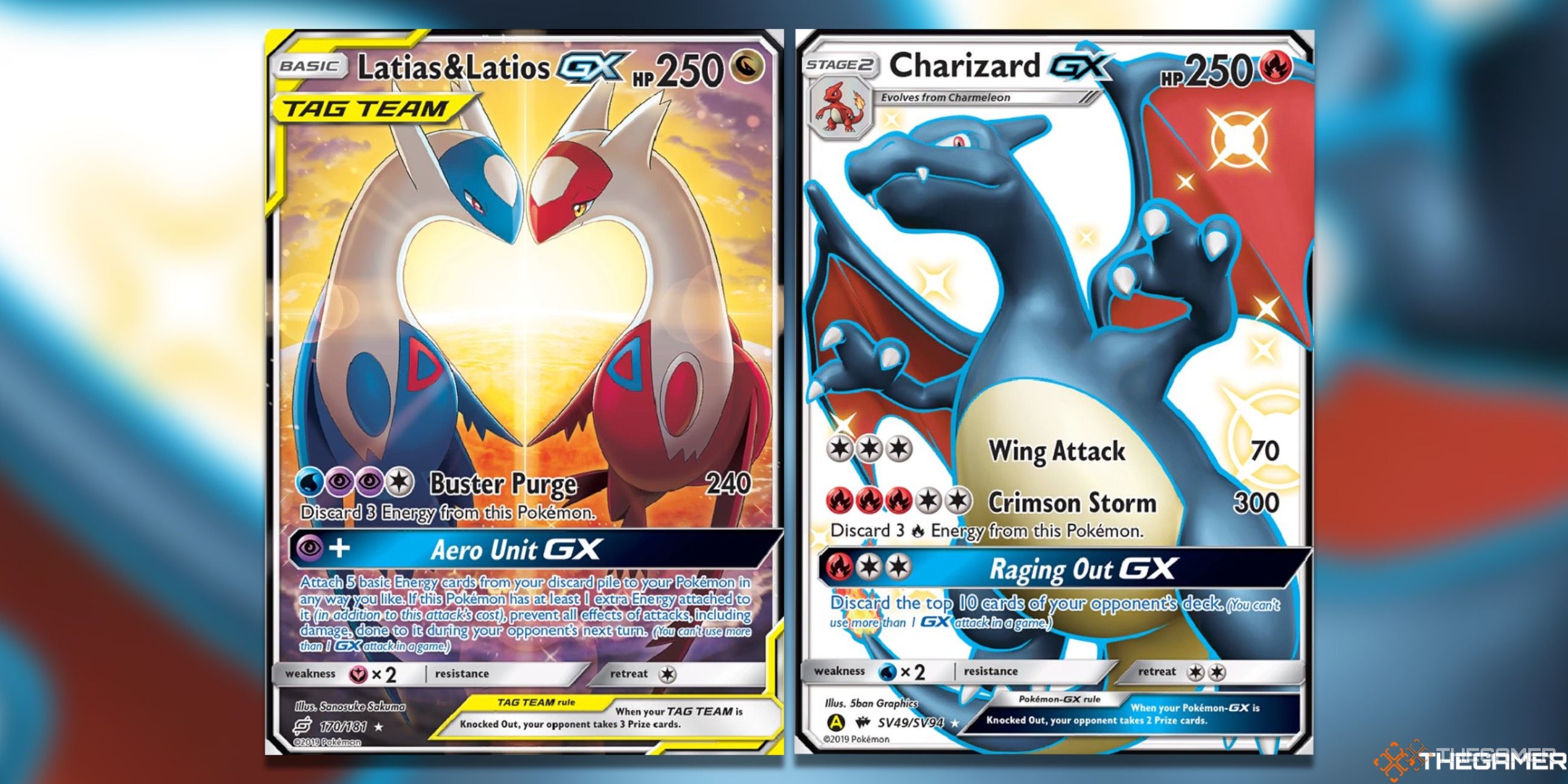 The Latios & Latias GX and Charizard GX Shiny Holo From The Sun & Moon Era of the Pokemon TCG.