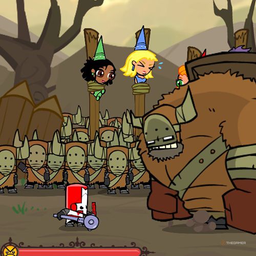 Red Knight is fighting against the barbarian boss in Castle Crashers.