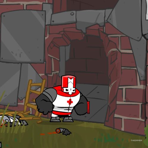 Red Knight is standing at the entrance of Industrial Castle in Castle Crashers.