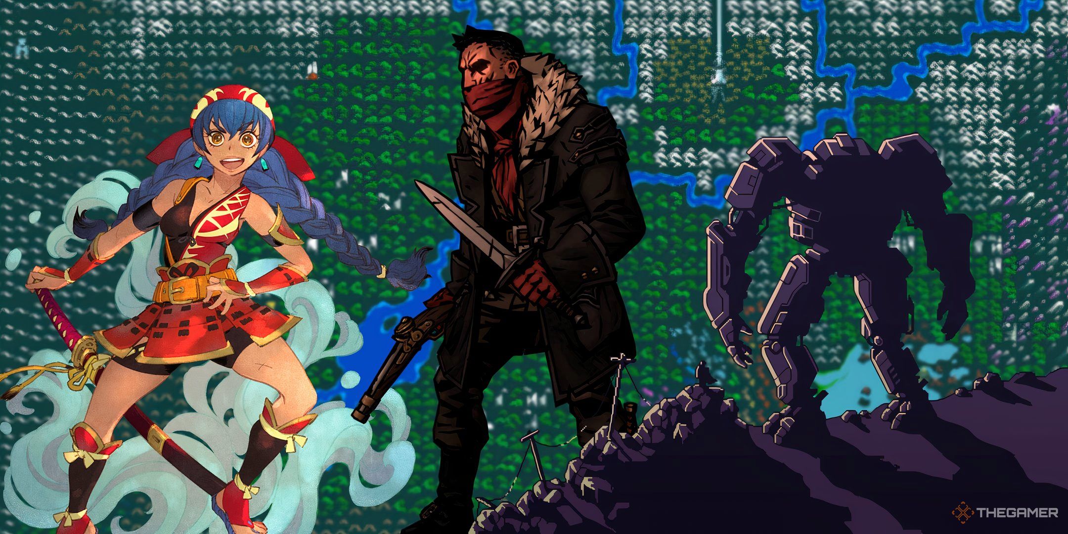 shiren the wanderer darkest dungeon and into the breach art with caves of qud background