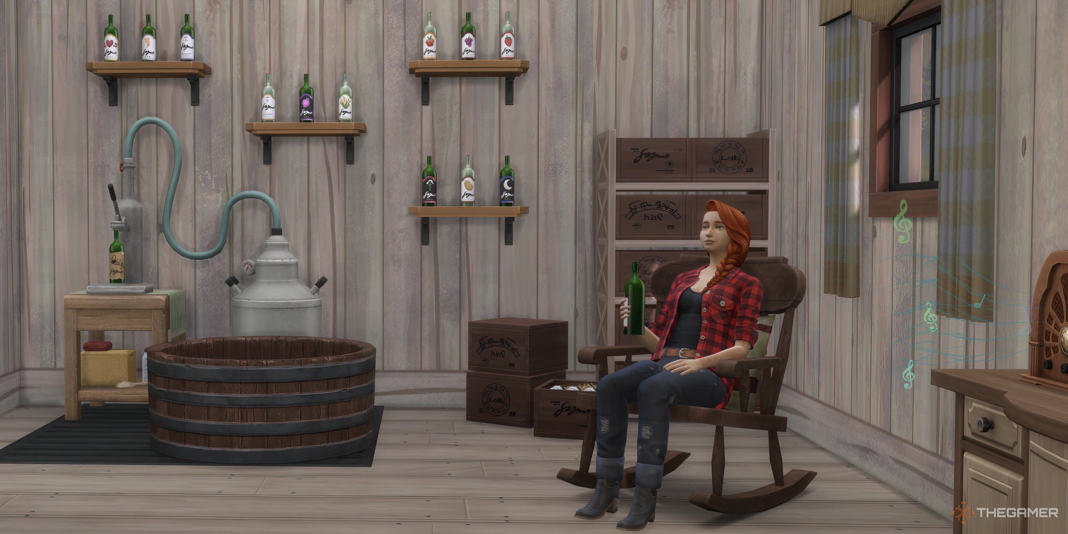 Sims 4 Horse Ranch Sim drinking nectar in front of bottles on the wall