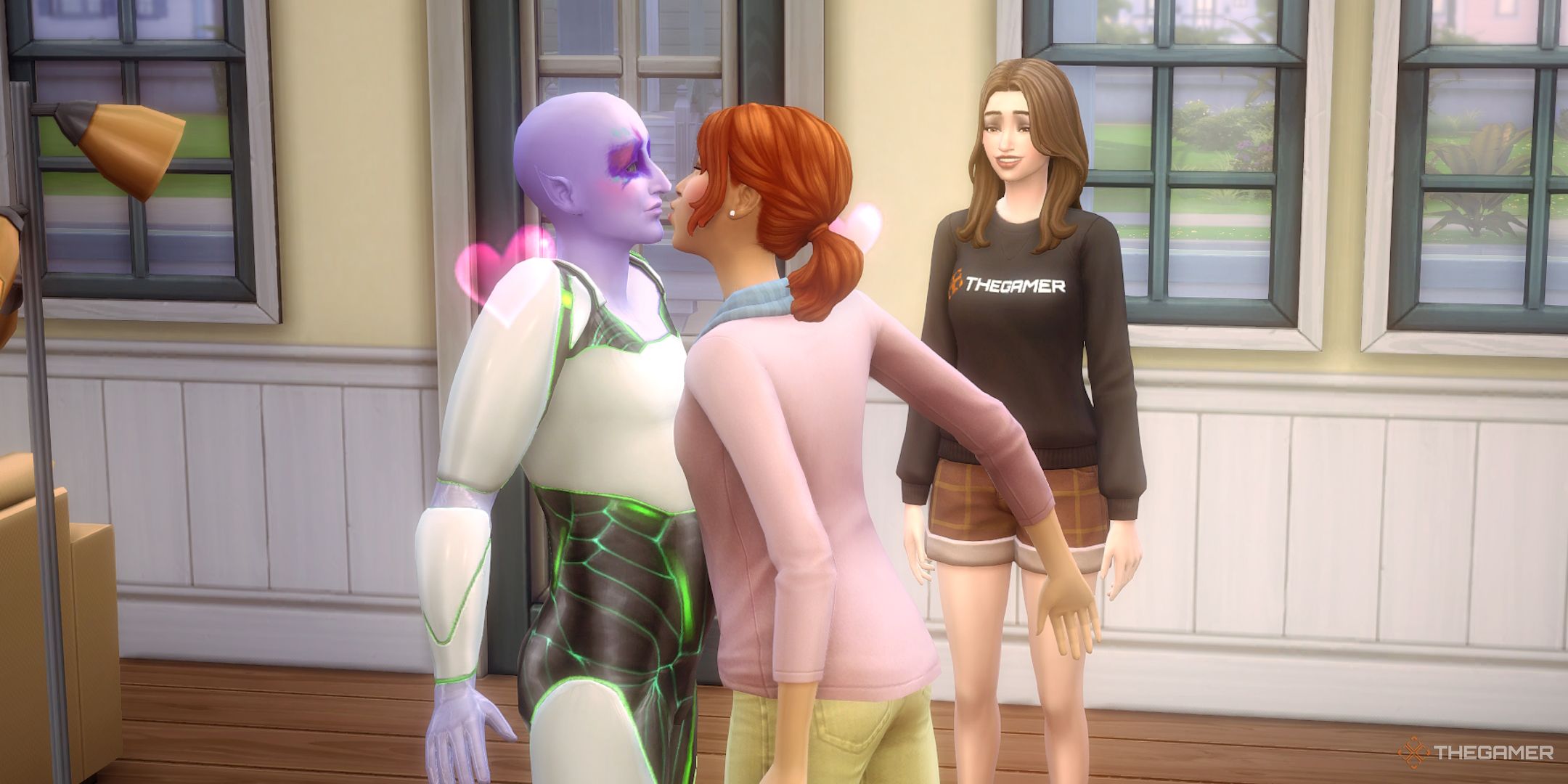 Two Sims kiss in a three person open relationship