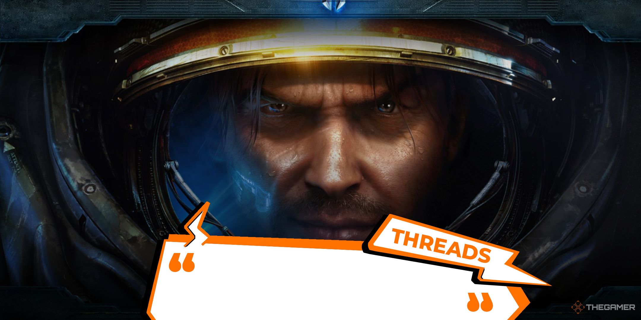 the terran marine from the cover of starcraft 2 wings of liberty with thegamer's threads logo superimposed