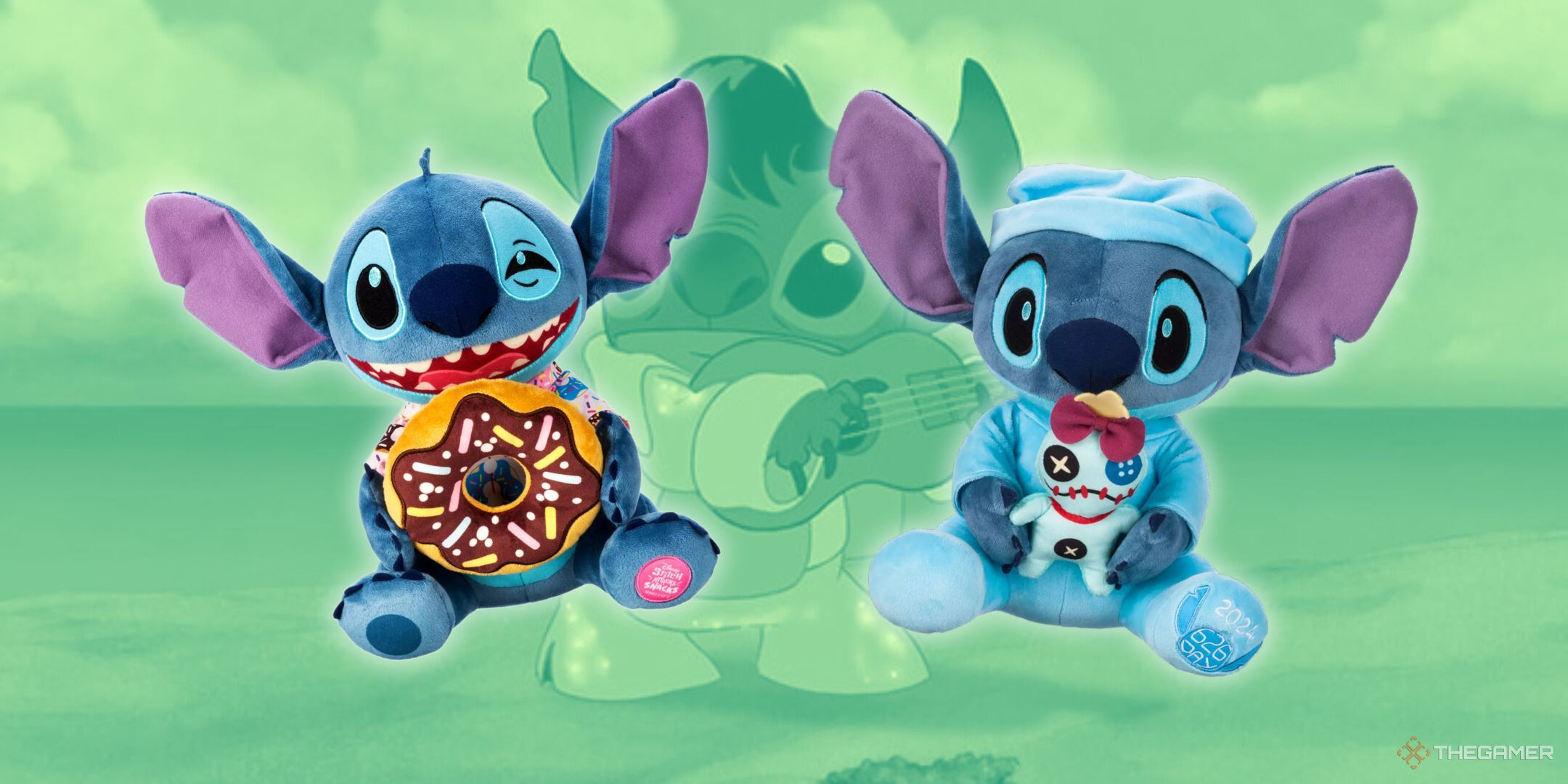 Stitch Plushes Featured Image containing a background of Stitch playing a guitar with a green filter on it. In front of it are a few Stitch plushes