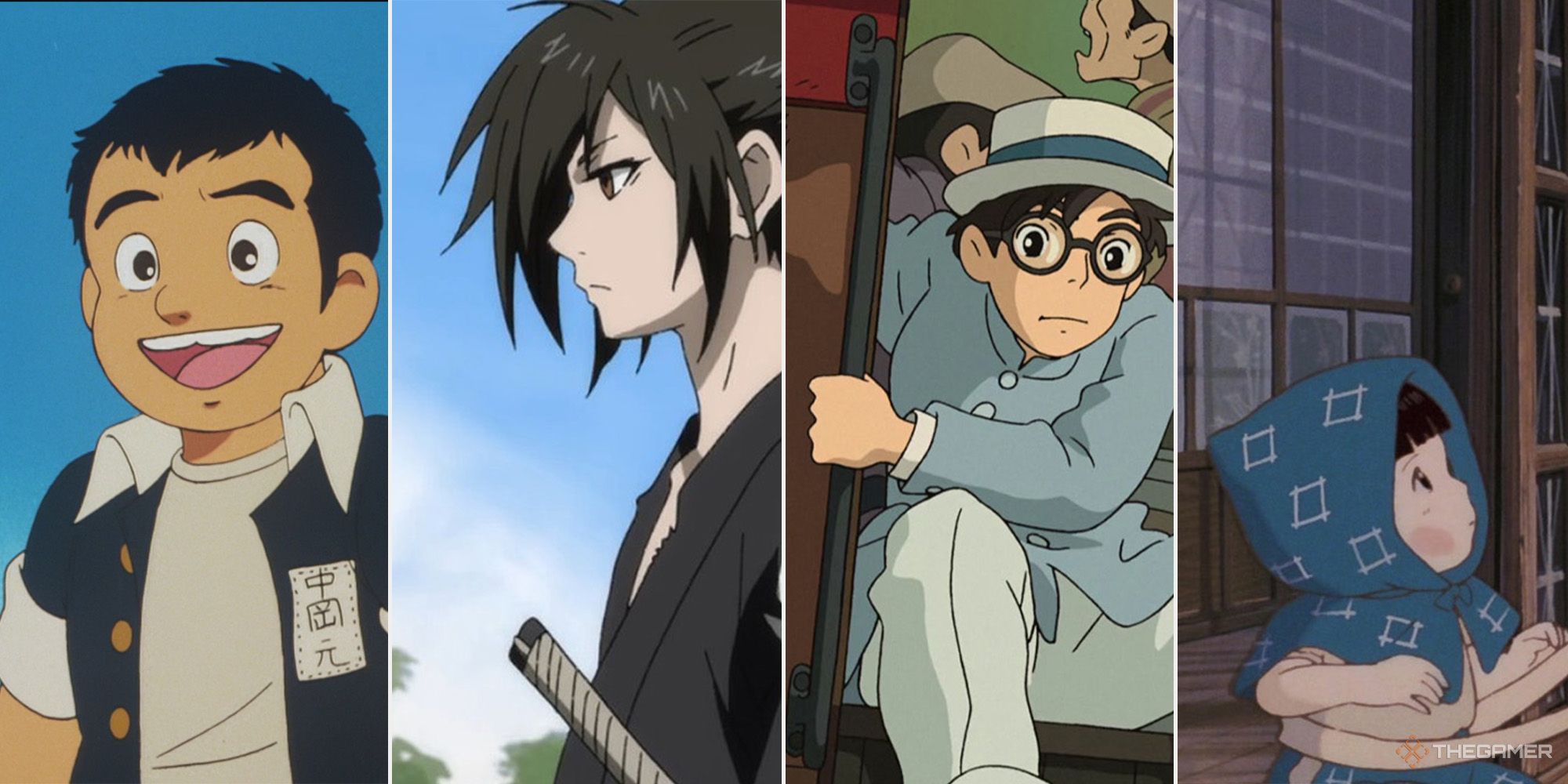 A montage of historical films. From left to right: Barefoot Gen, Dororo (2019), The Wind Rises, and Grave of the Fireflies.