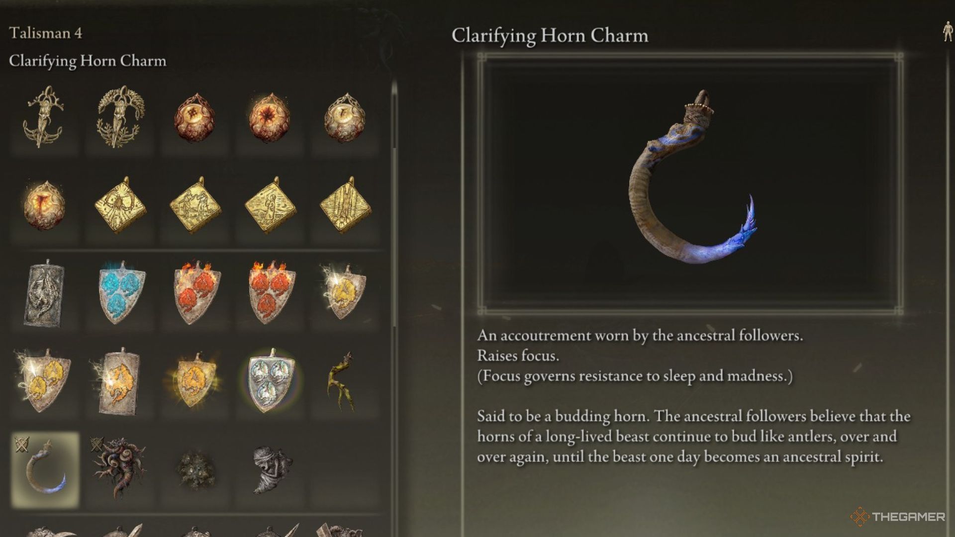 The description of Clarifying Horn Charm is shown in the inventory.