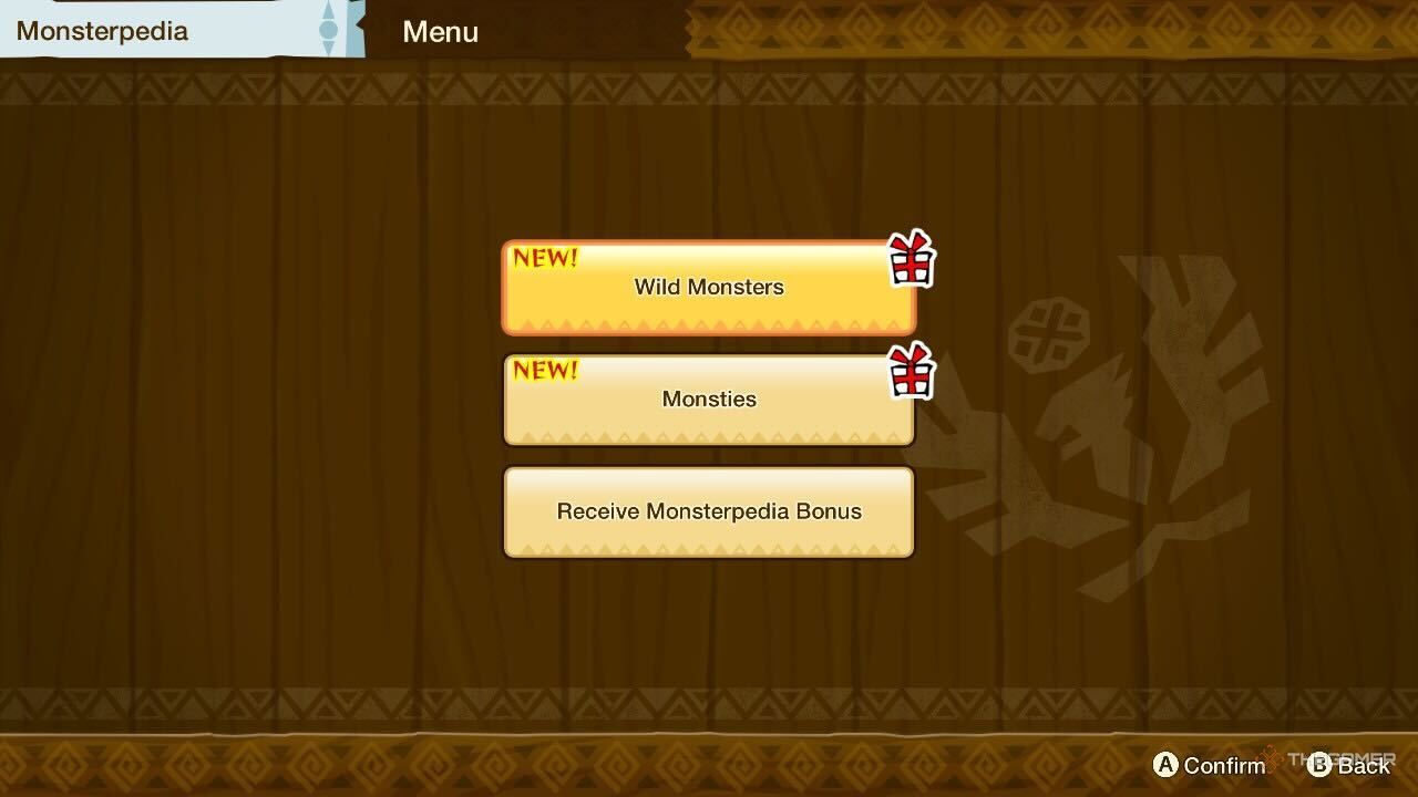 the homepage for the monsterpedia in mhst monster hunter stories showing new wild monsters and monsties with rewards