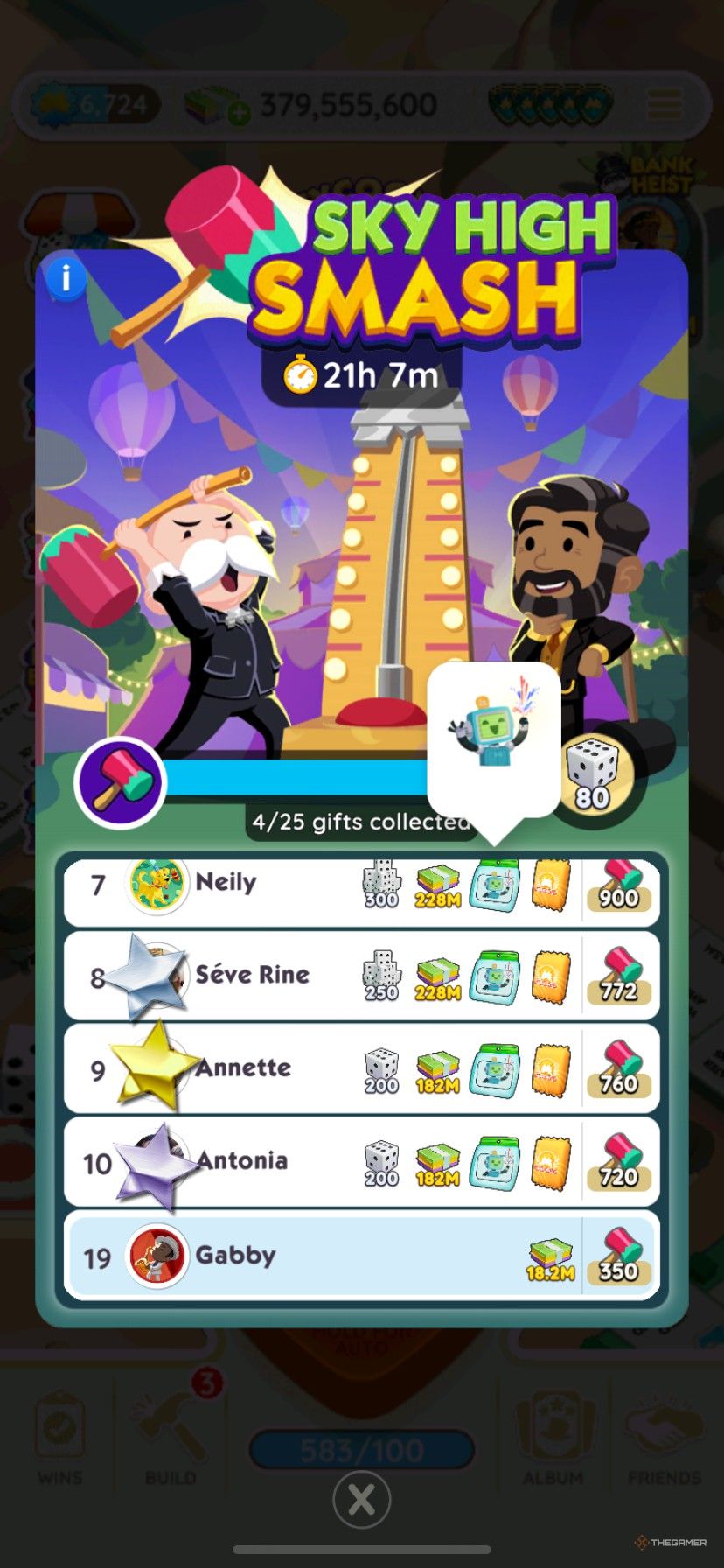 The leaderboard for Sky High Smash in Monopoly Go showing the new Peg-E emoji available.