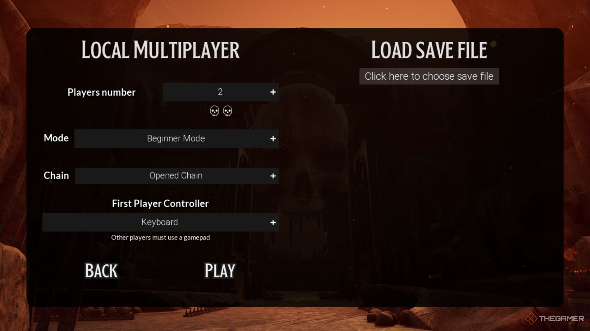 The Local Multiplayer menu in Chained Together.