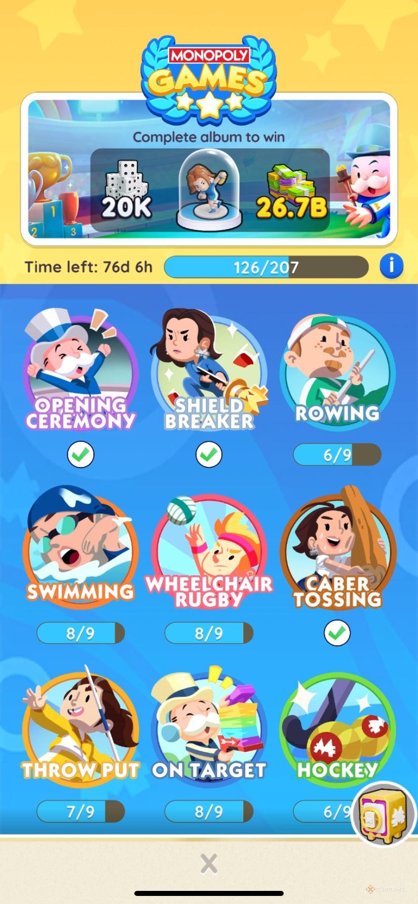 صفحه نمای کلی آلبوم برچسب بازی های مونوپولی در Monopoly Go.