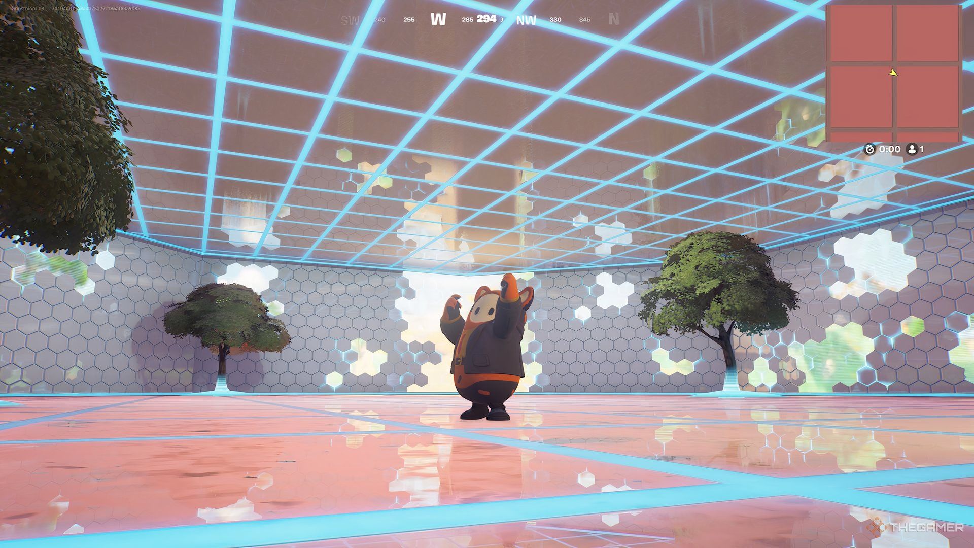 اسکار Fall Guys Bean با اشاره دستانش در لابی حالت خلاق در Fortnite احساساتی می شود.