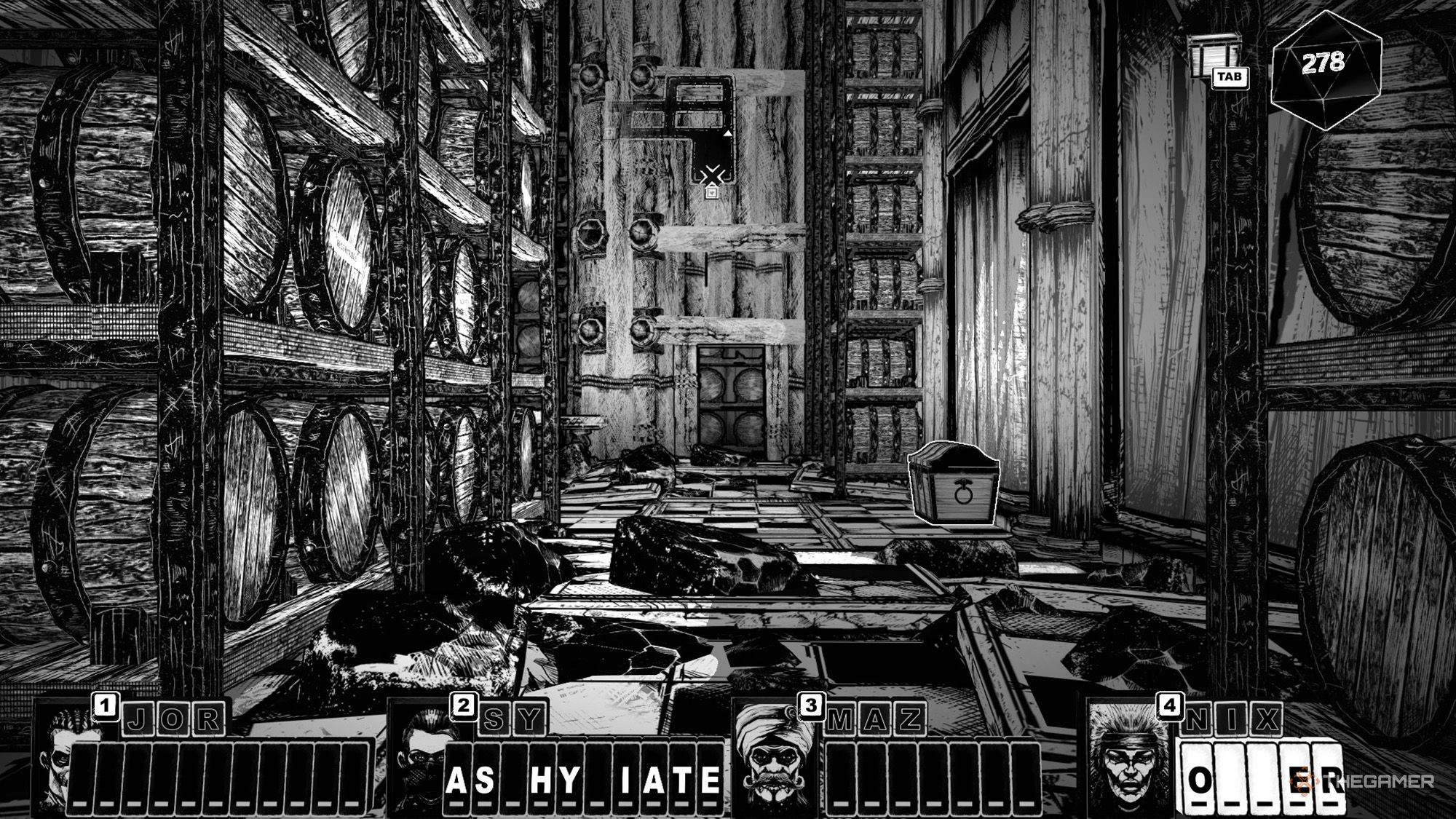 The party finds a chest next to the wine barrels in Cryptmaster.