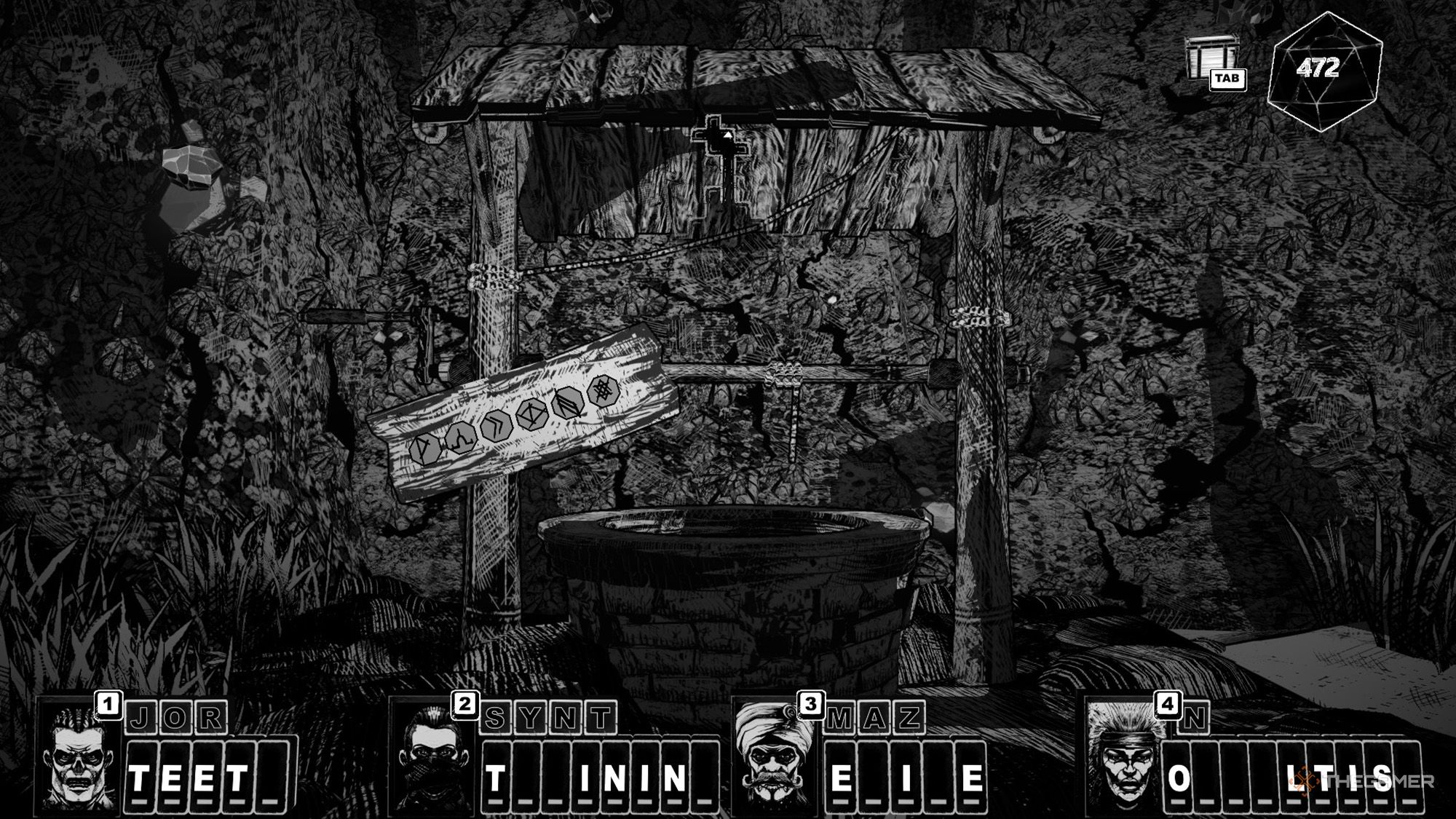 The party is in front of a well, and there are some indecipherable things written on the sign in Cryptmaster.
