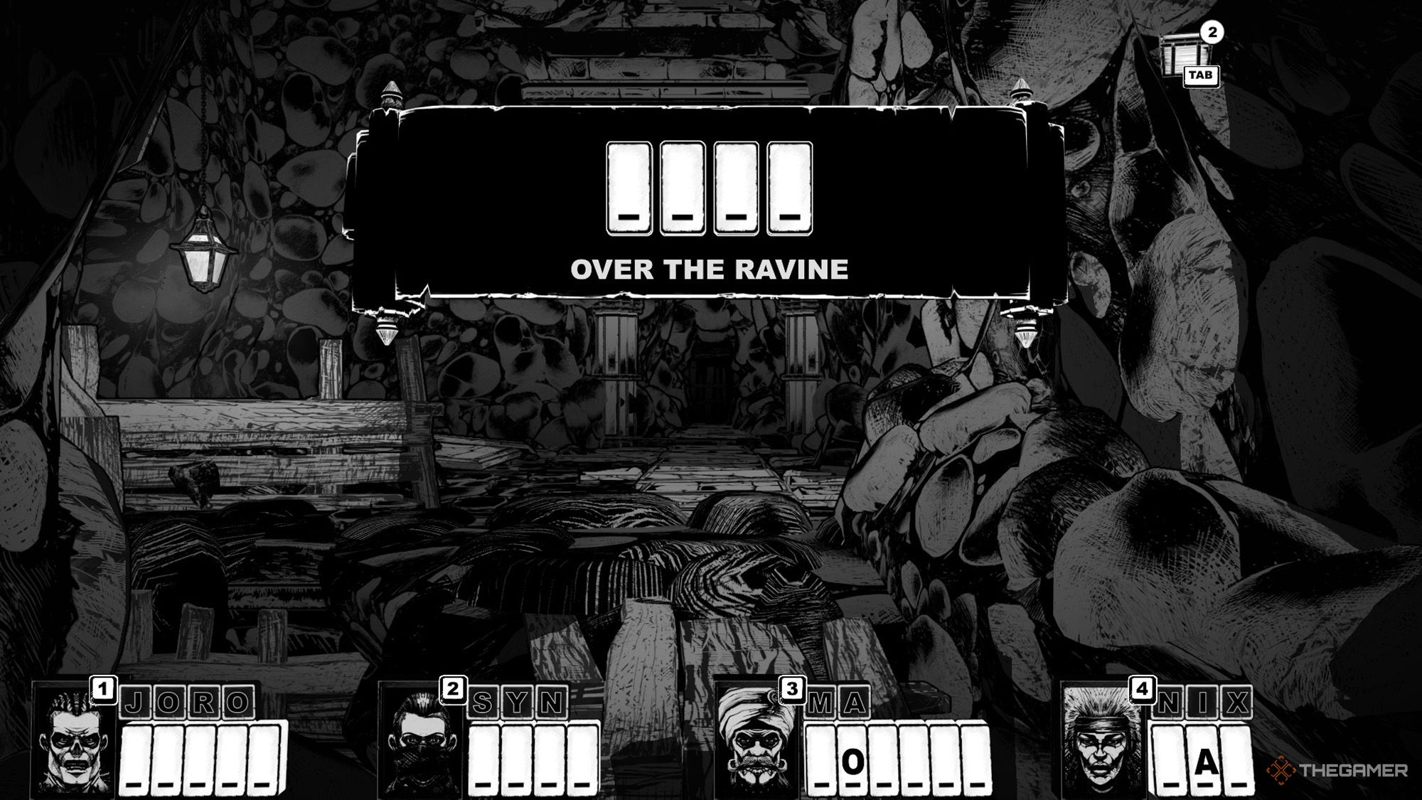 The party is standing next to a ravine in Cryptmaster.
