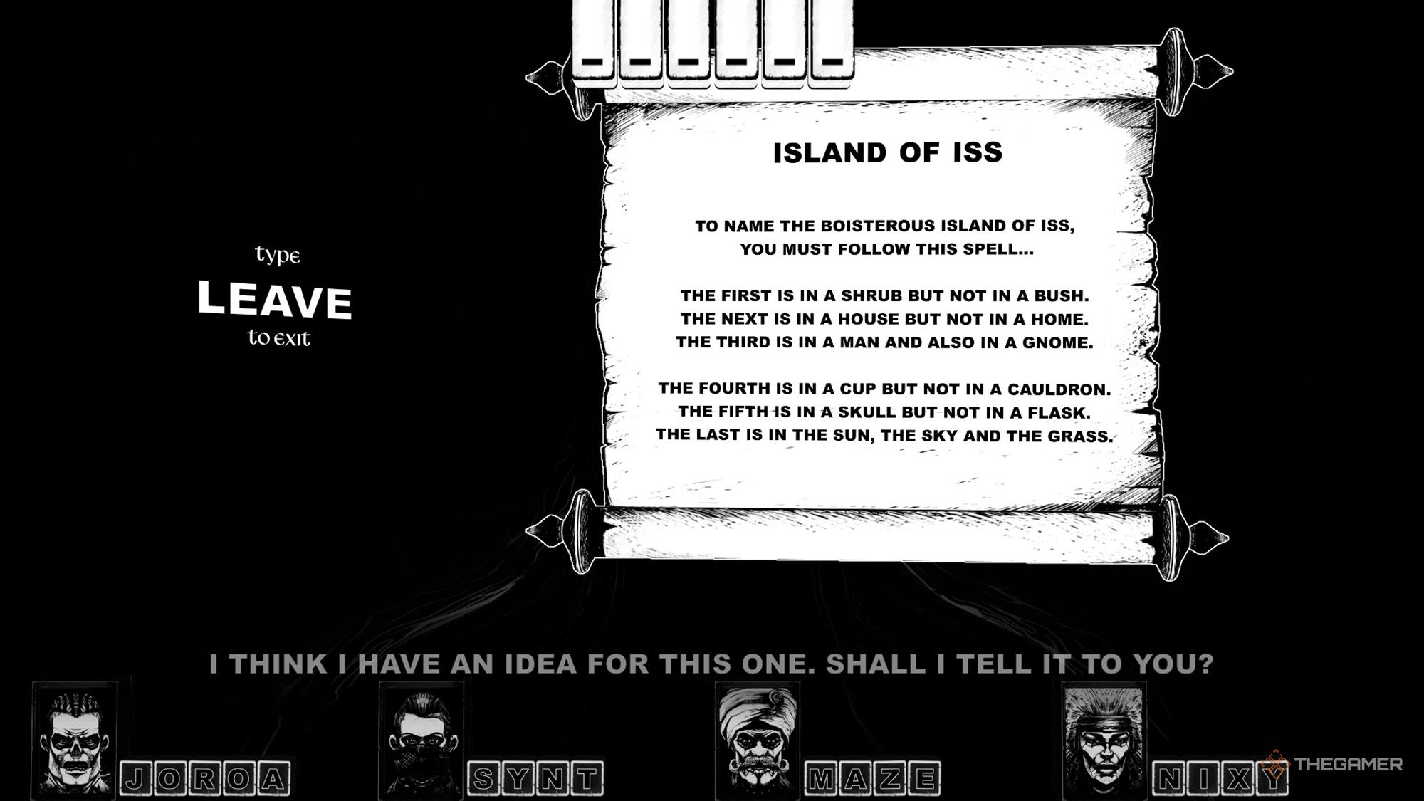 The party is trying to solve the puzzle of the scroll related to Iss' Island in Cryptmaster.