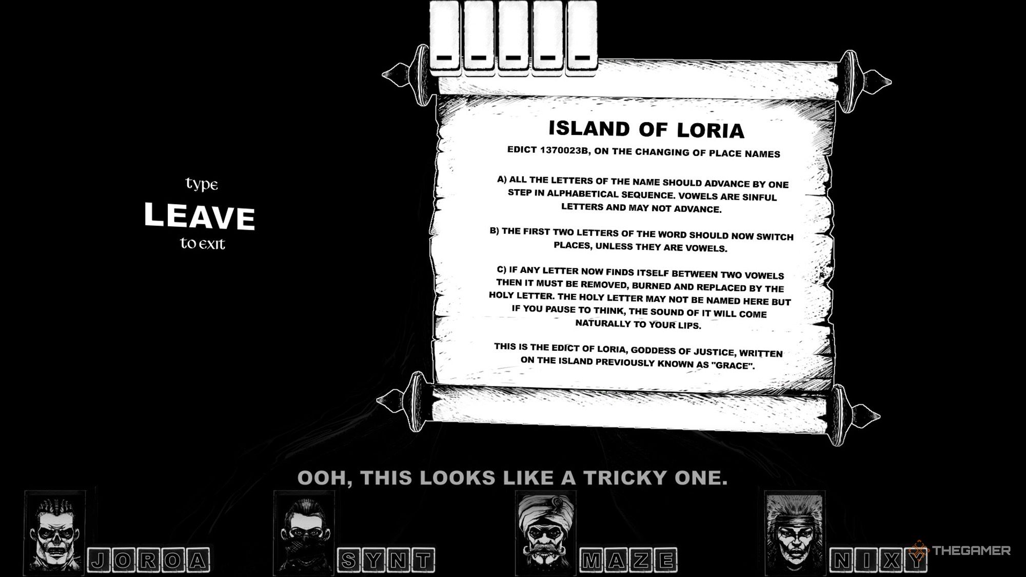 The party is trying to solve the puzzle of the scroll related to Loria&rsquo;s Island in Cryptmaster.