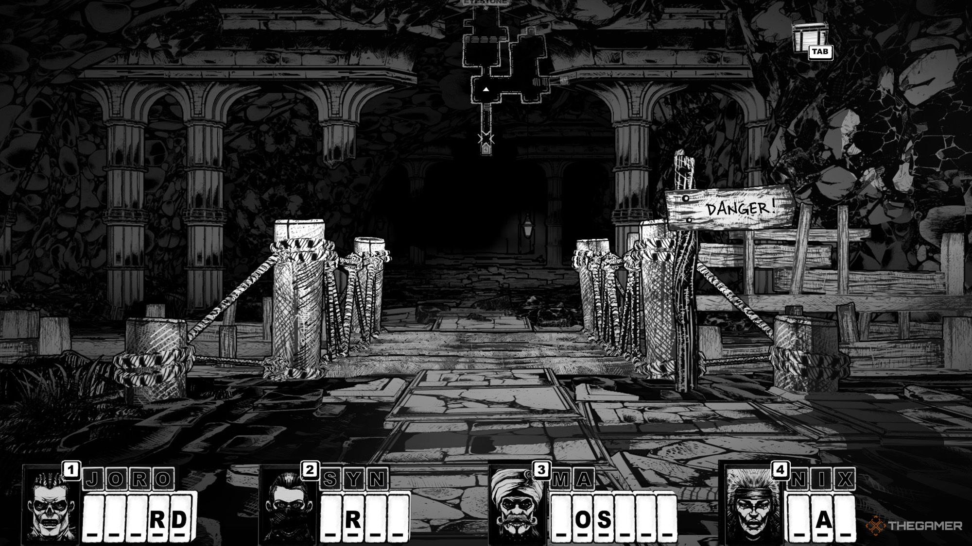 The party is waiting on a wooden platform and there is a &lsquo;Danger&rsquo; sign in front of them in Cryptmaster.