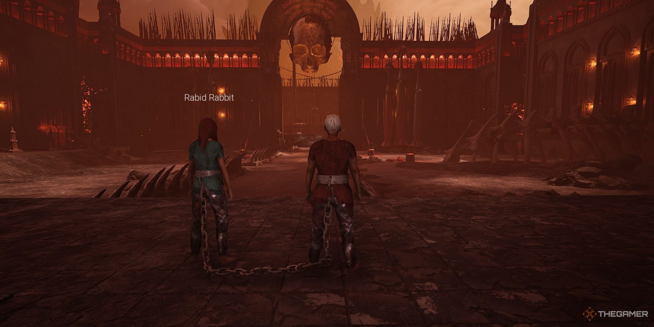 The players are standing in front of the entrance to the Underworld in Chained Together.