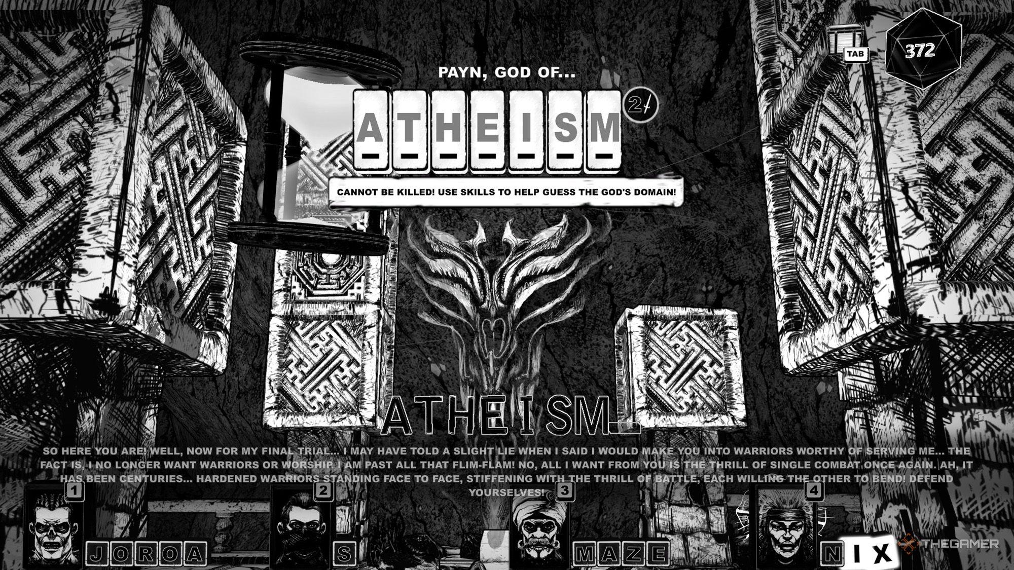 The player types ATHEISM word to defeat PAYN in Cryptmaster.