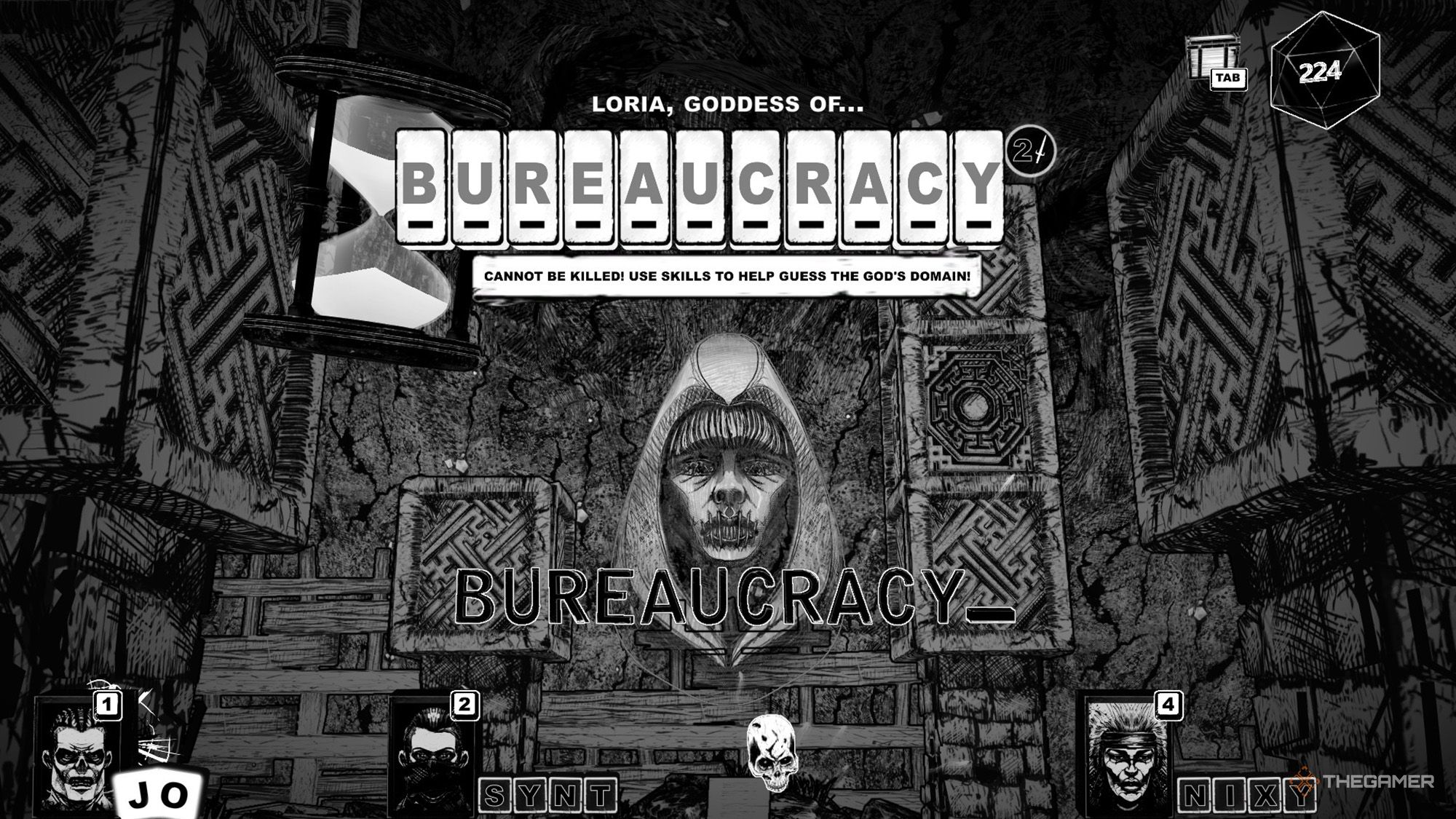 The player types BUREAUCRACY word to defeat LORIA in Cryptmaster.