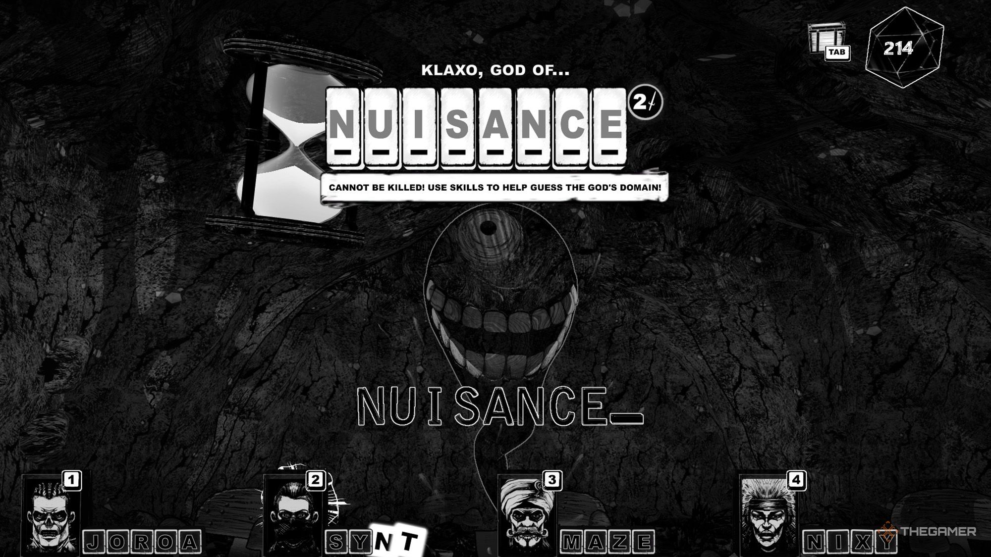 The player types NUISACE word to defeat KLAXO in Cryptmaster.