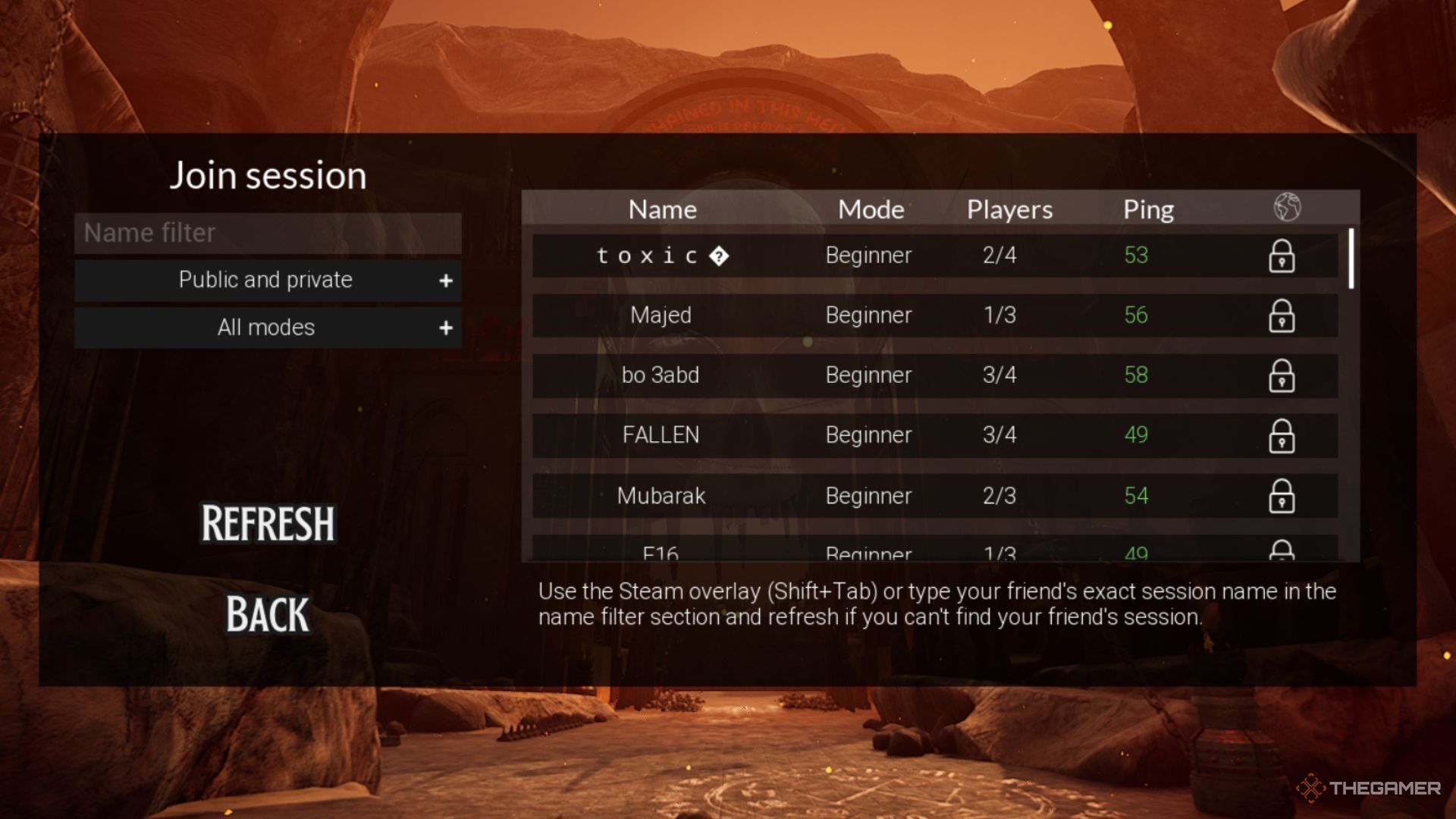 The session list in the Join Session menu in Chained Together.