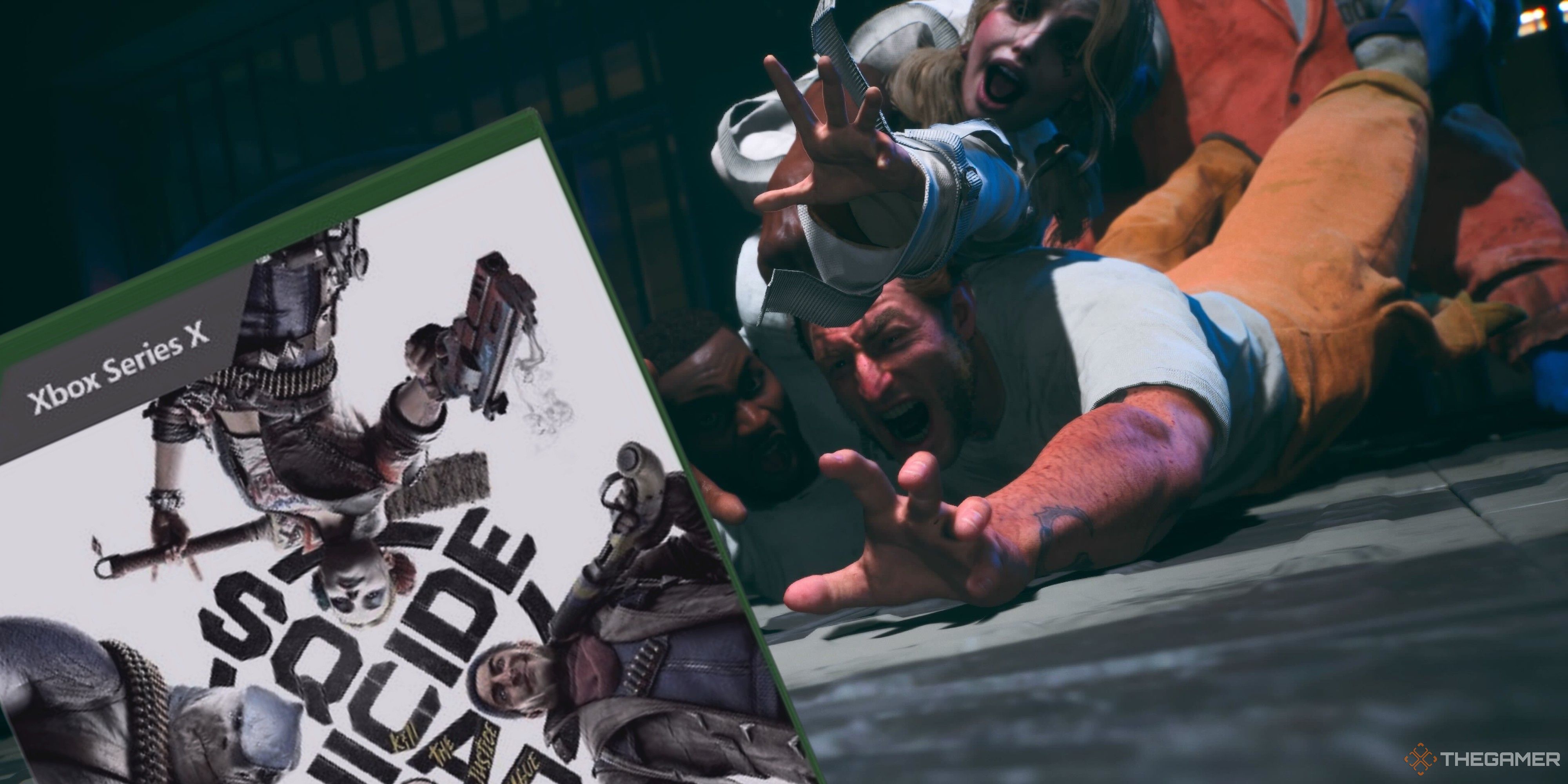 the suicide squad reaching for a copy of kill the justice league on xbox series x